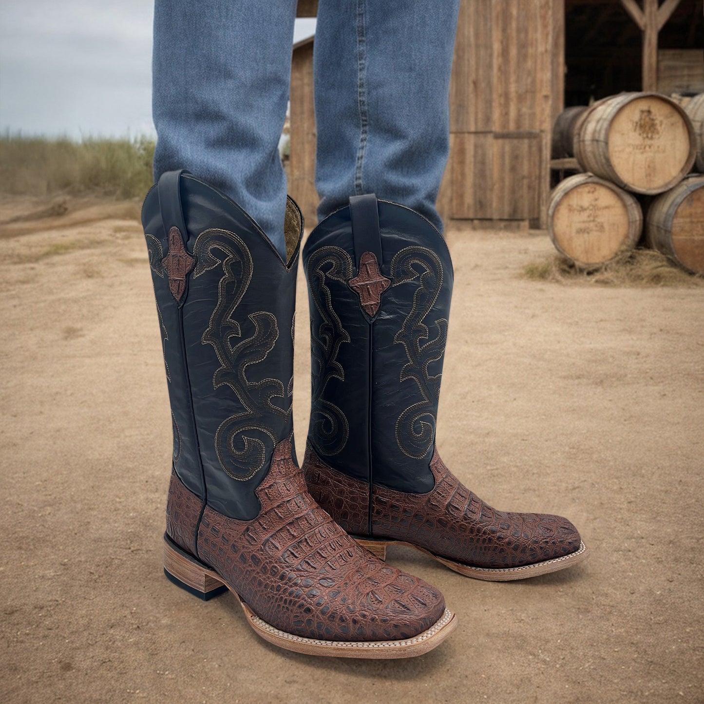 Men’s Leather Cowboy Boot Square Toe Embossed Alligator Crocodile Print