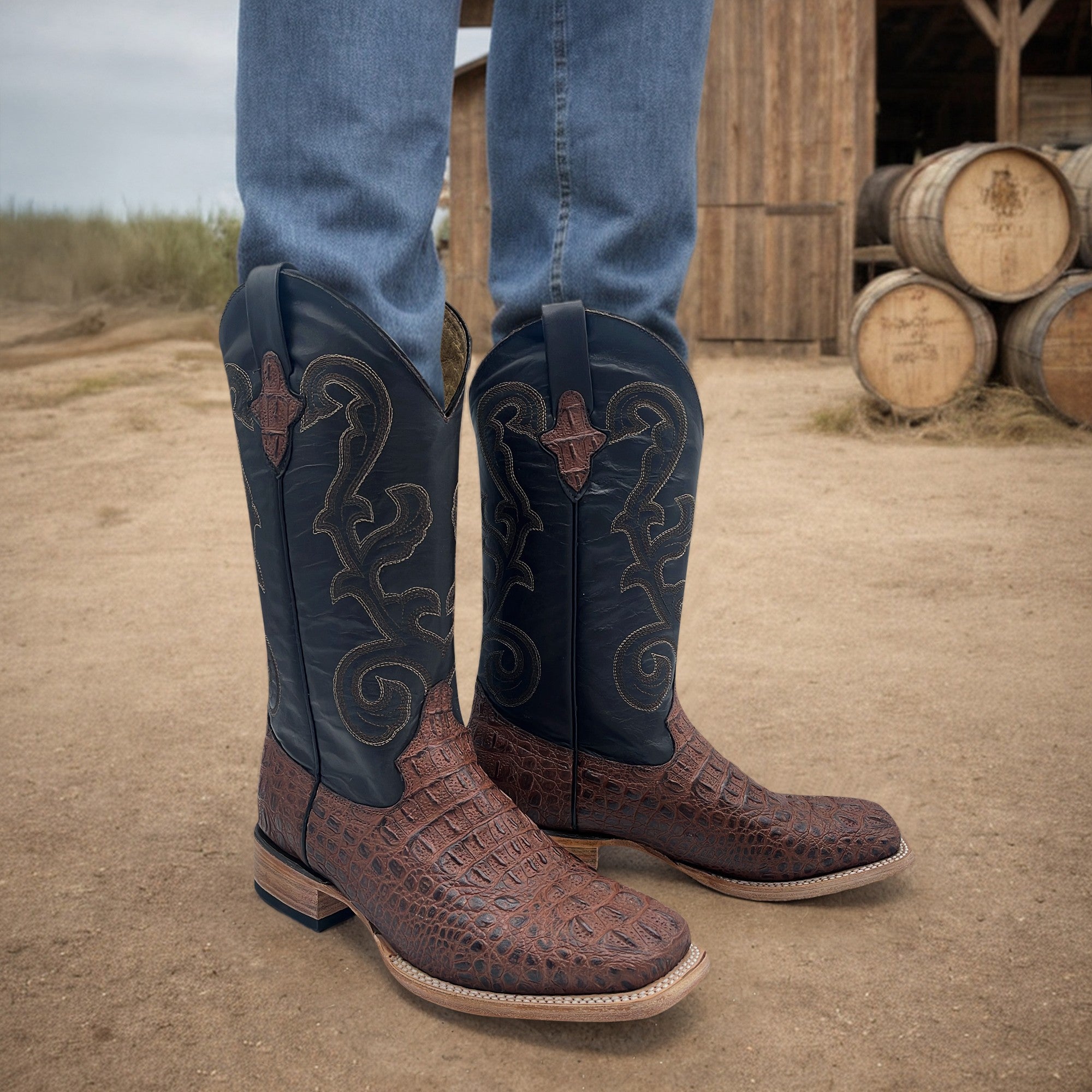 Men’s Leather Cowboy Boot Square Toe Embossed Alligator Crocodile Print