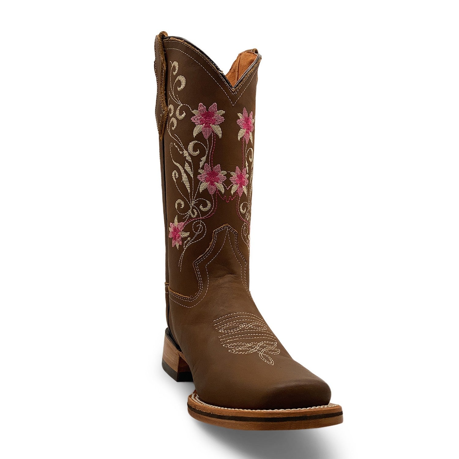 Women’s Cowboy Boot, Floral Embroidered Western Cowgirl Boots, Mid Calf Pull-On Square Toe