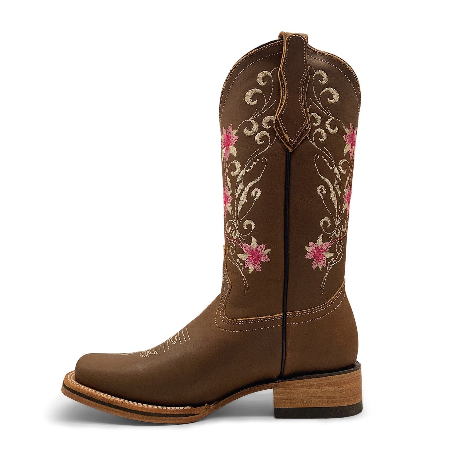 Women’s Cowboy Boot, Floral Embroidered Western Cowgirl Boots, Mid Calf Pull-On Square Toe