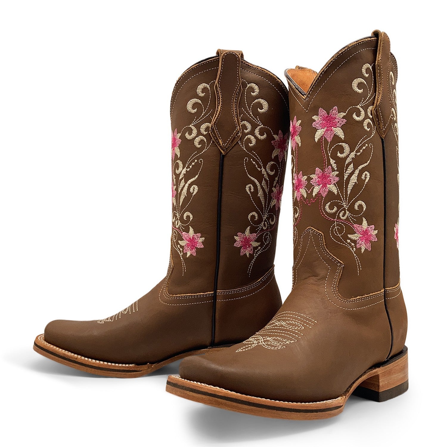 Women’s Cowboy Boot, Floral Embroidered Western Cowgirl Boots, Mid Calf Pull-On Square Toe