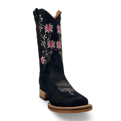 Women’s Cowboy Boot, Floral Embroidered Western Cowgirl Boots, Mid Calf Pull-On Square Toe