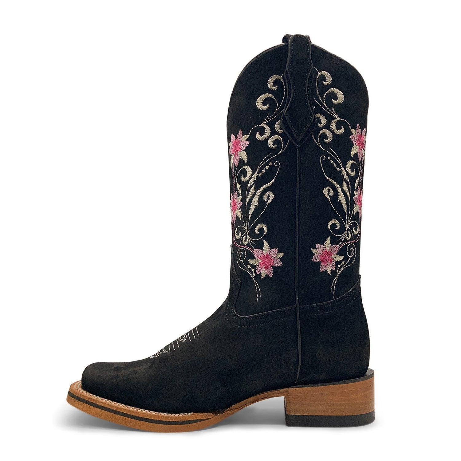 Women’s Cowboy Boot, Floral Embroidered Western Cowgirl Boots, Mid Calf Pull-On Square Toe
