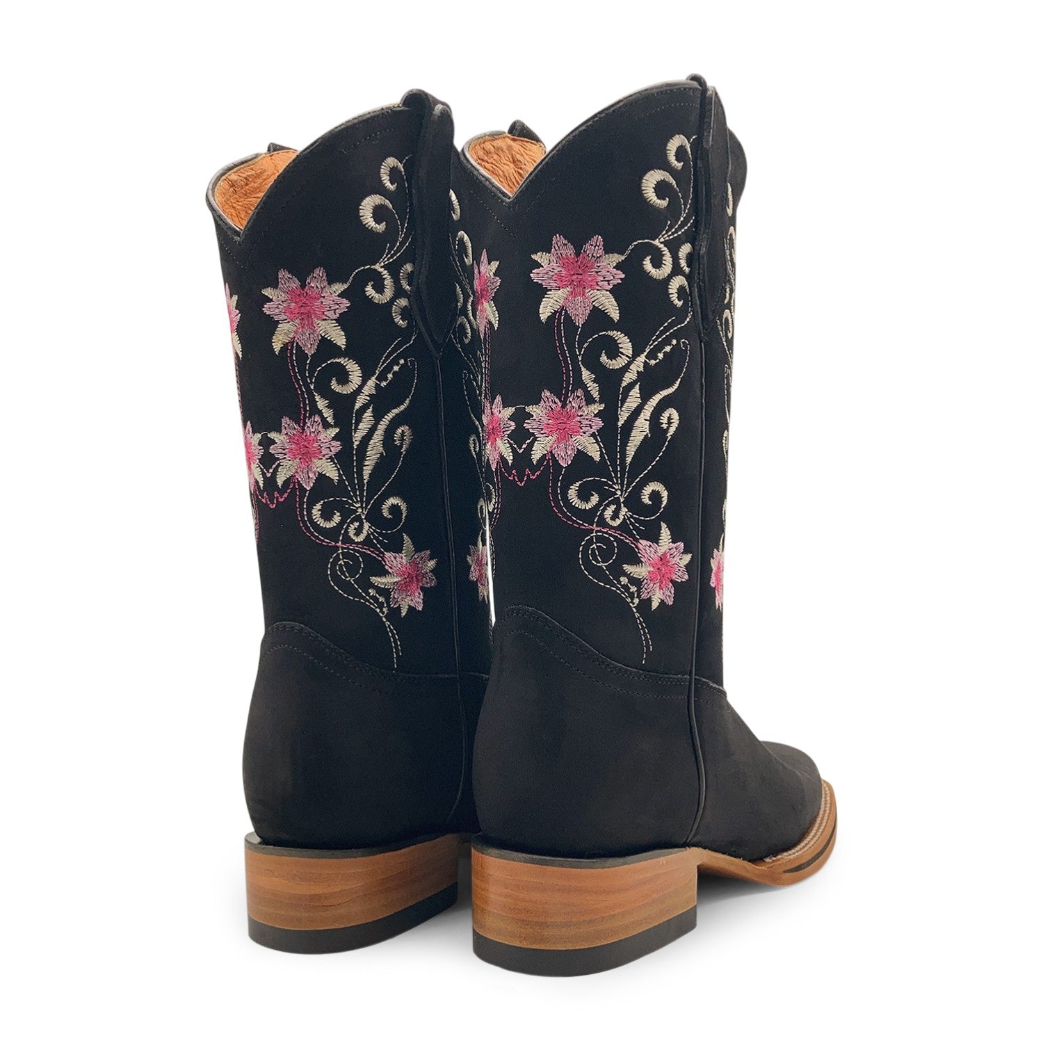 Women’s Cowboy Boot, Floral Embroidered Western Cowgirl Boots, Mid Calf Pull-On Square Toe