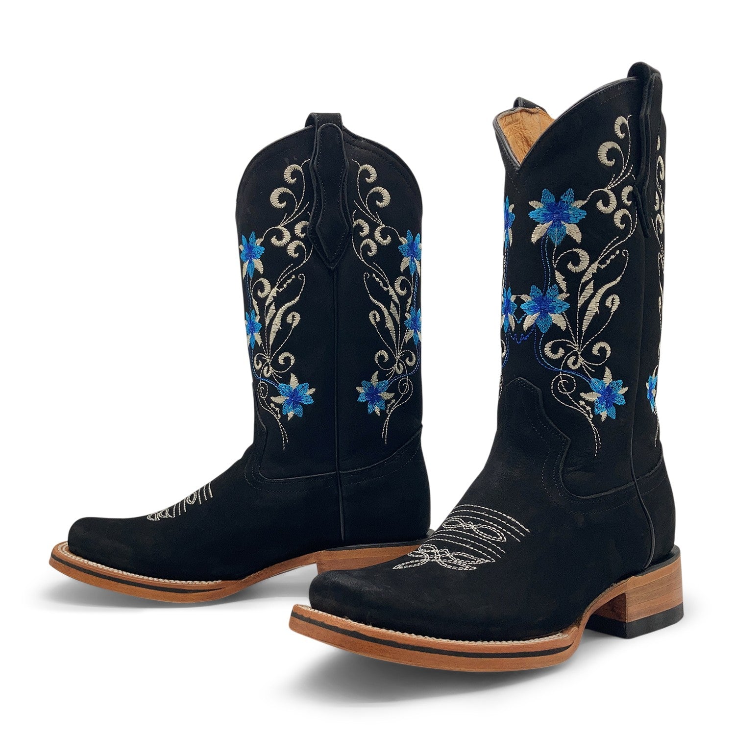 Women’s Cowboy Boot, Floral Embroidered Western Cowgirl Boots, Mid Calf Pull-On Square Toe