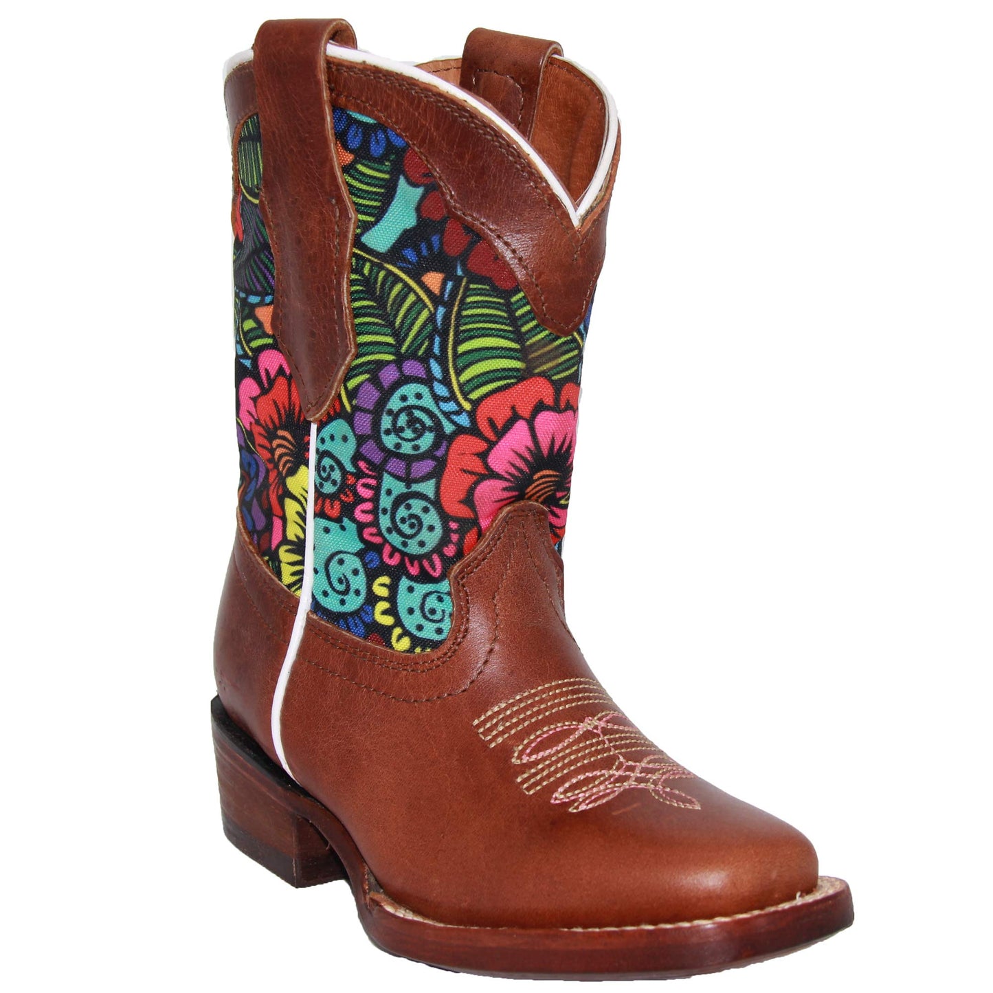 Kids Western Boot Girls Floral Cowboy Cowgirl Leather Brown Boot
