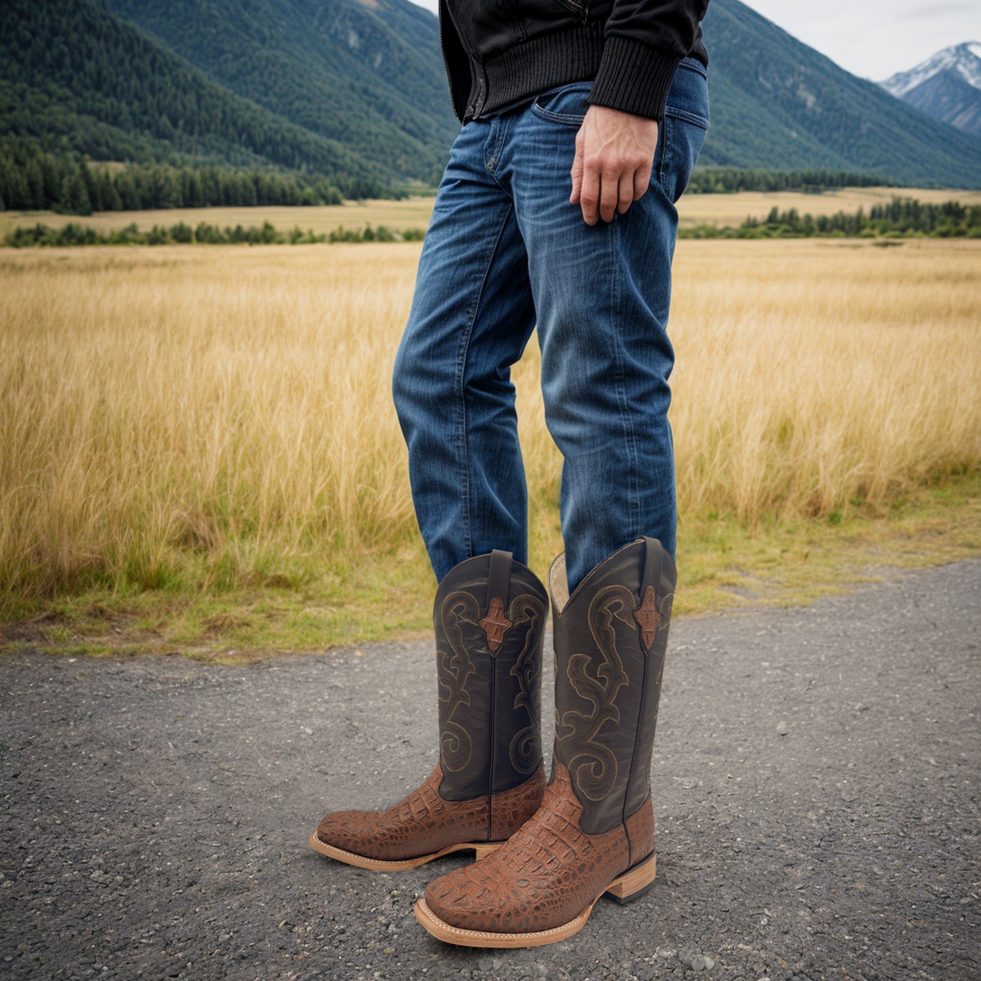 Men’s Leather Cowboy Boot Square Toe Embossed Alligator Crocodile Print