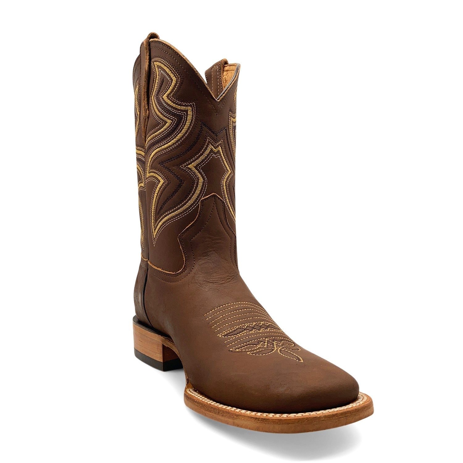 Men’s Genuine Leather Square Toe Pull-On Cowboy Boots – Brown Mid-Calf Western Riding & Ranch Boot