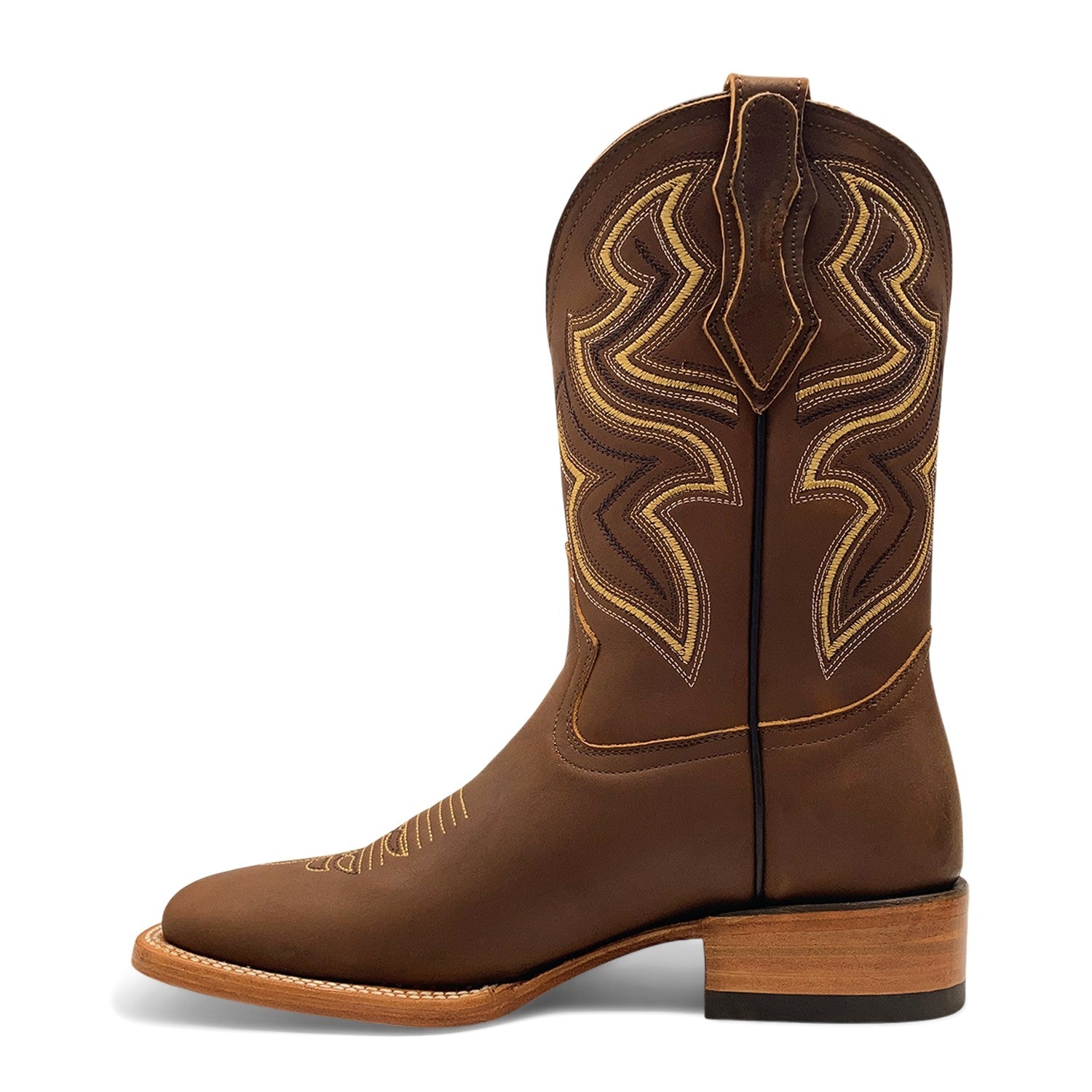 Men’s Genuine Leather Square Toe Pull-On Cowboy Boots – Brown Mid-Calf Western Riding & Ranch Boot