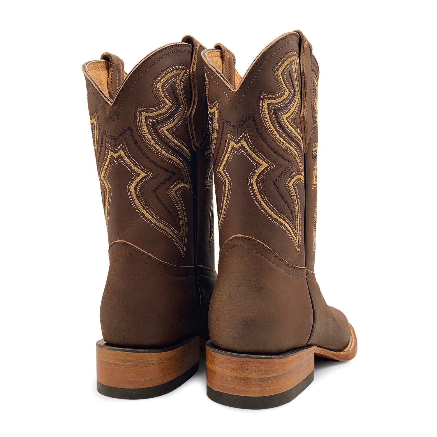 Men’s Genuine Leather Square Toe Pull-On Cowboy Boots – Brown Mid-Calf Western Riding & Ranch Boot