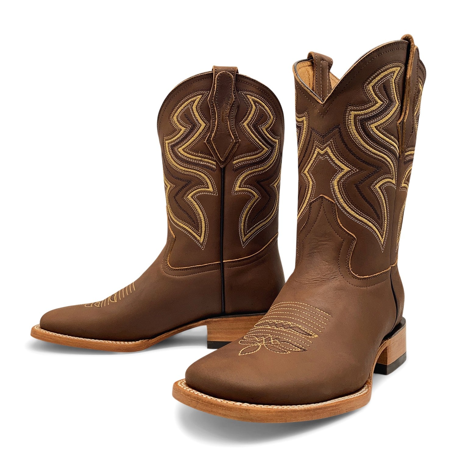 Men’s Genuine Leather Square Toe Pull-On Cowboy Boots – Brown Mid-Calf Western Riding & Ranch Boot
