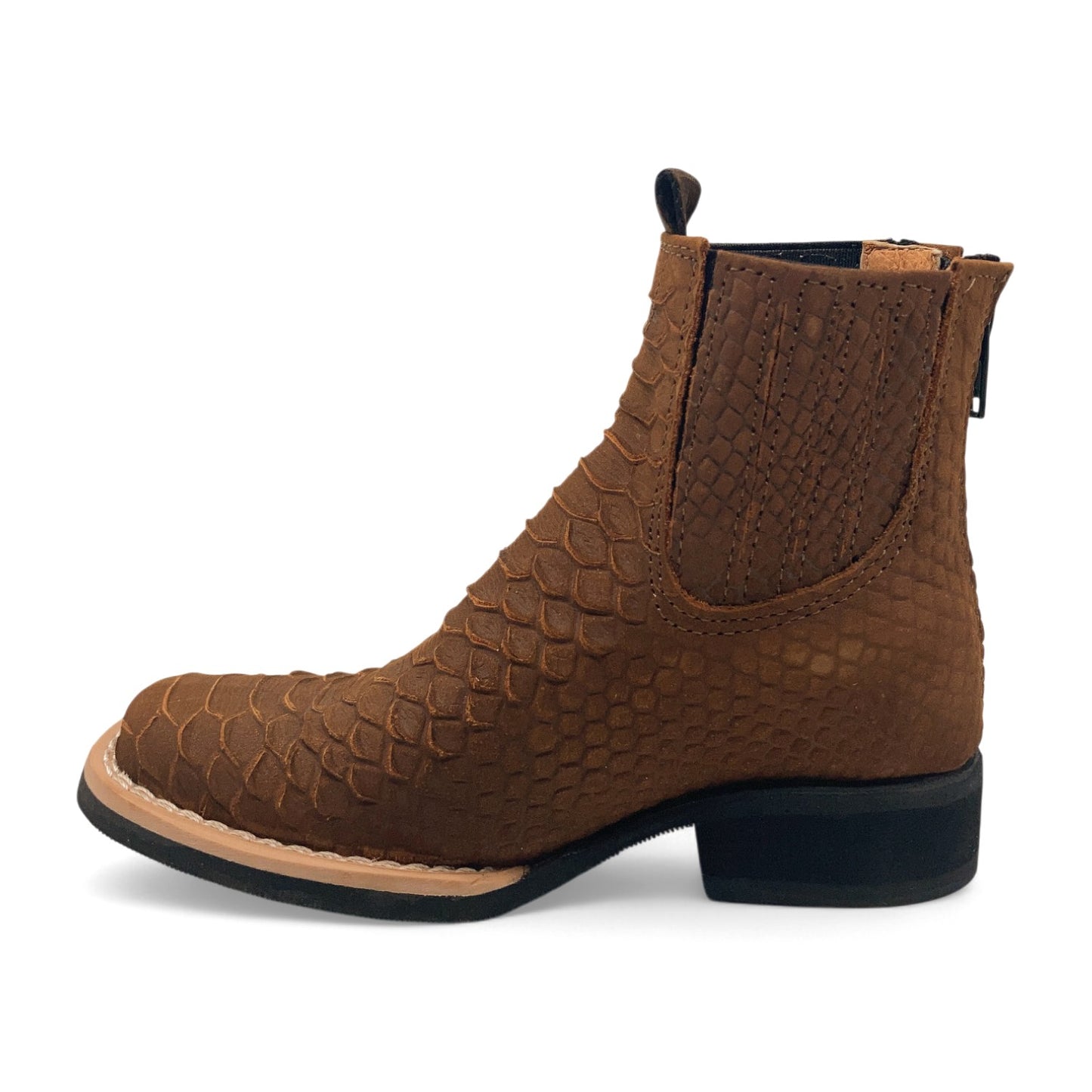 Kids Python Print Leather Ankle Boots, Square Toe Zipper Boys Western Boot