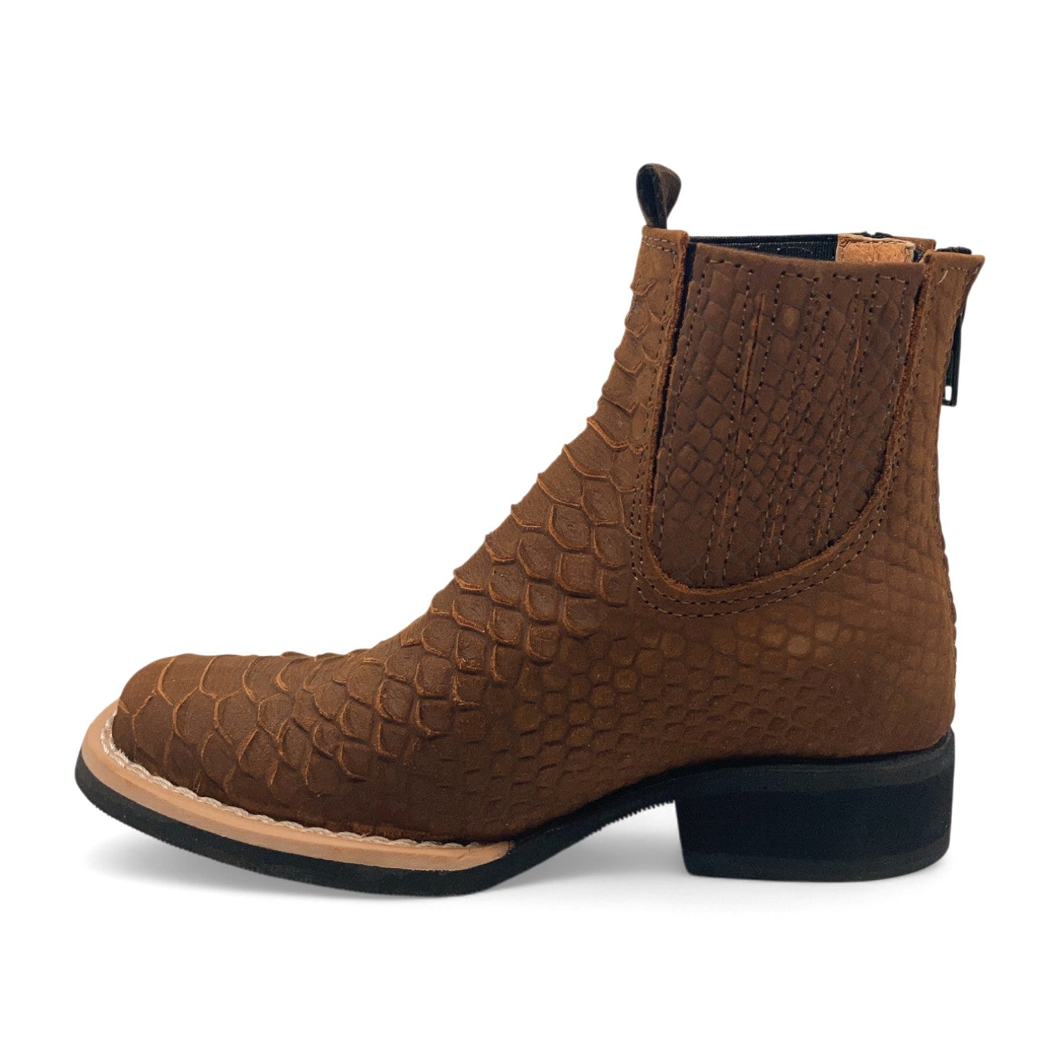 Kids Python Print Leather Ankle Boots, Square Toe Zipper Boys Western Boot