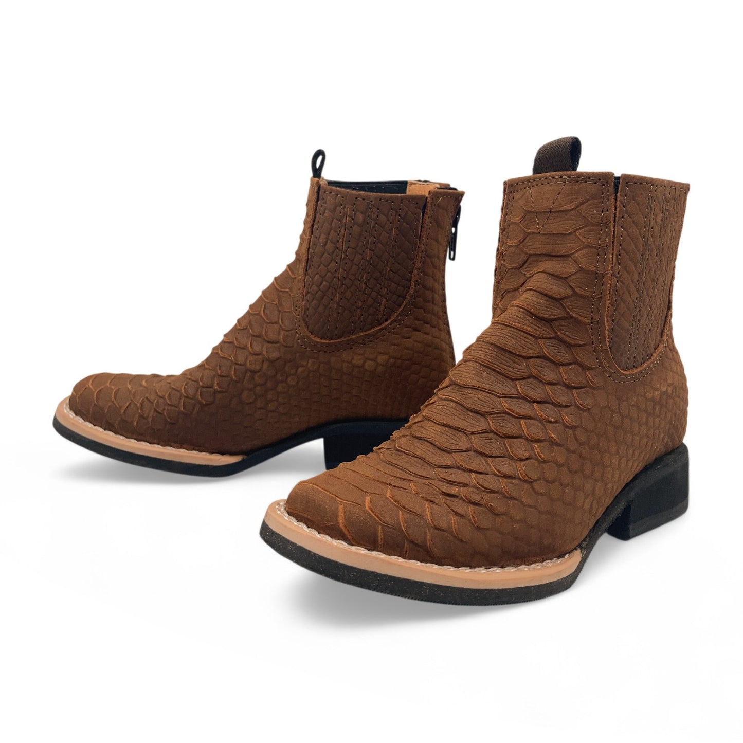 Kids Python Print Leather Ankle Boots, Square Toe Zipper Boys Western Boot