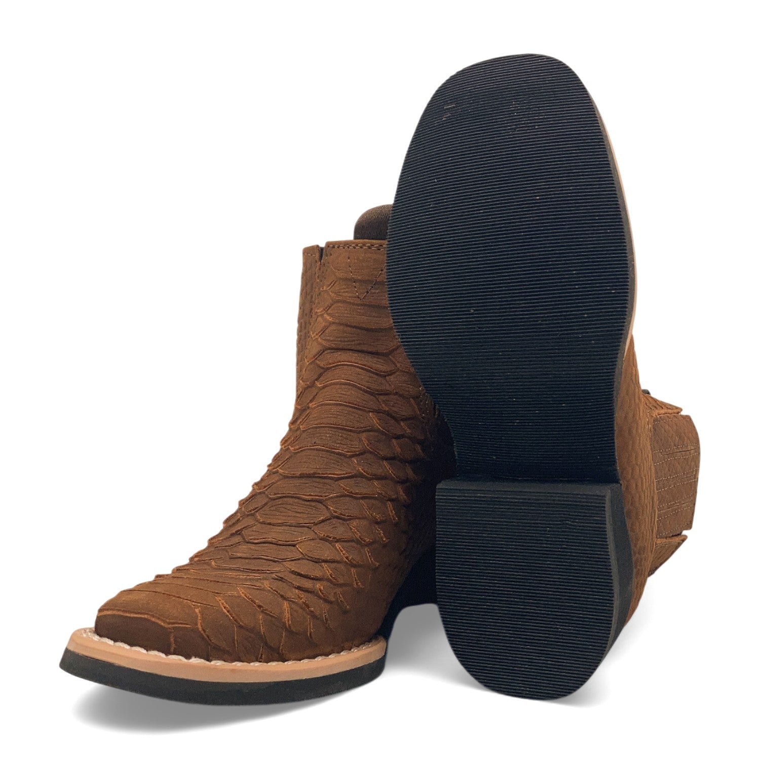 Kids Python Print Leather Ankle Boots, Square Toe Zipper Boys Western Boot