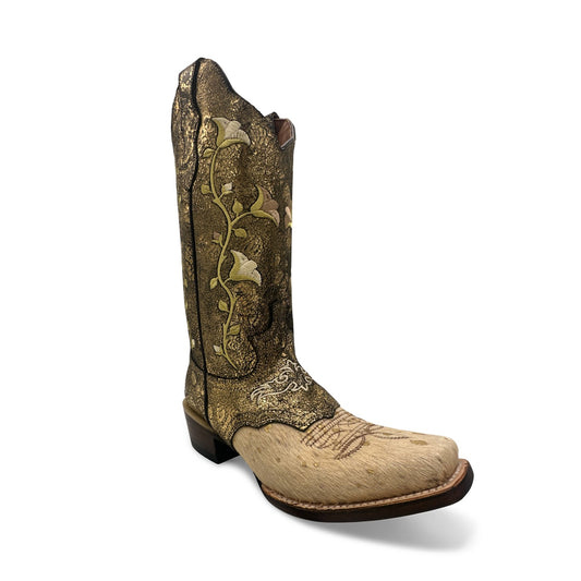 Women's Gold Embroidered Leather Cowboy Boot