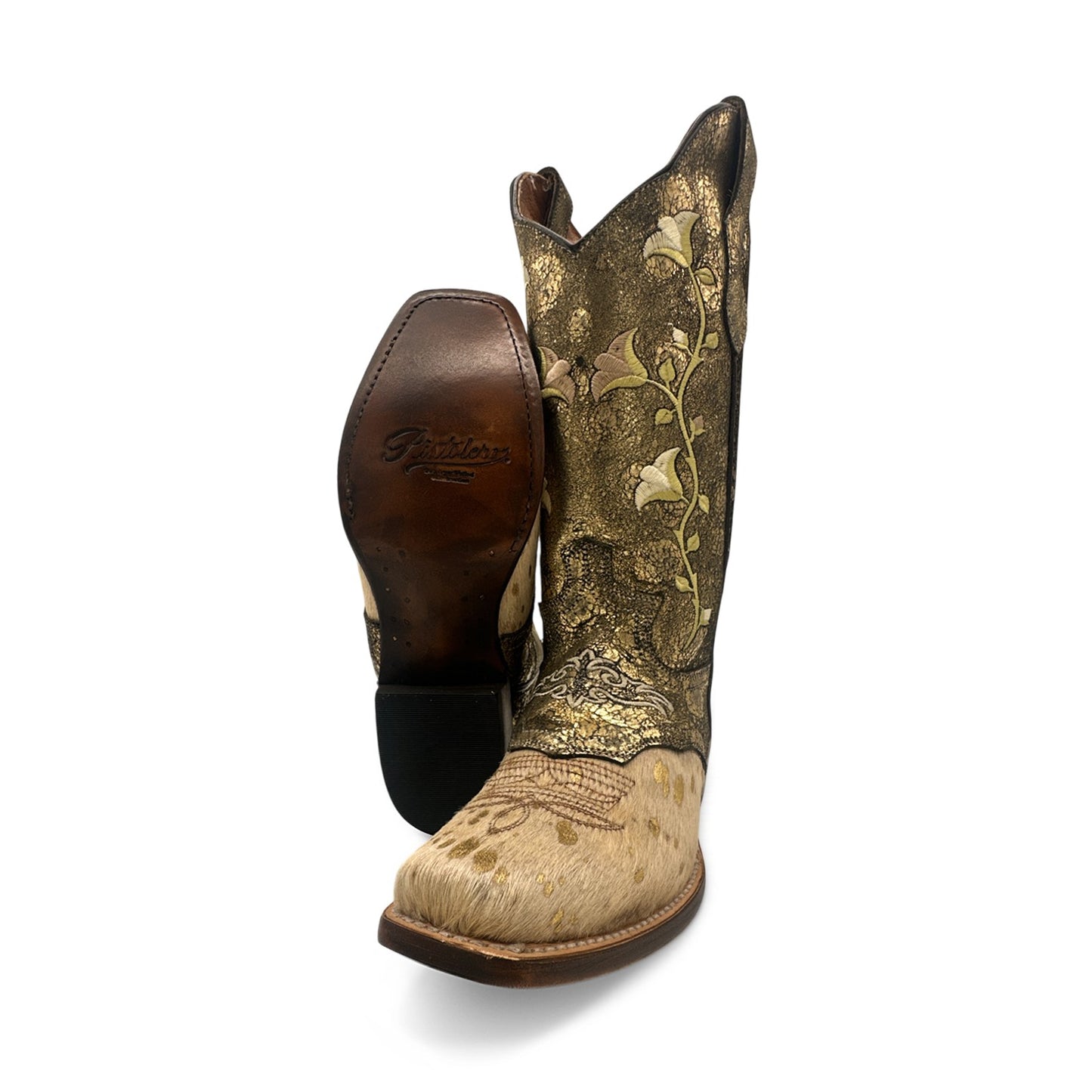 Women's Gold Embroidered Leather Cowboy Boot