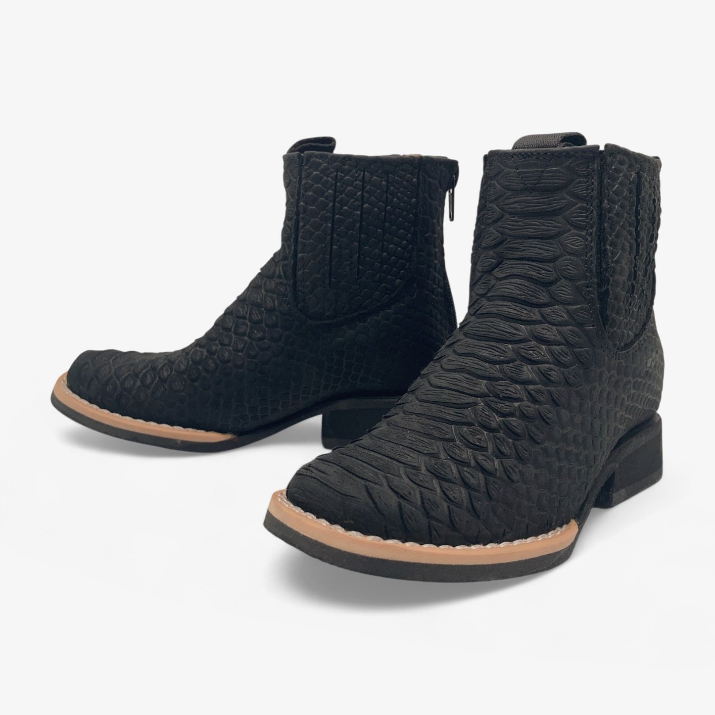 Kids Python Print Leather Ankle Boots, Square Toe Zipper Boys Western Boot