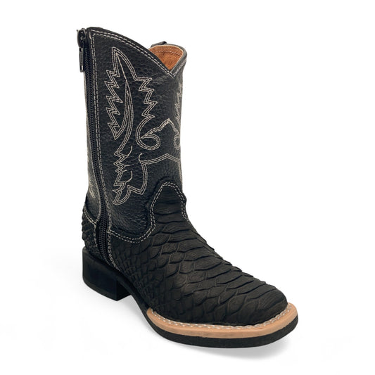 Kids Python Print Leather Cowboy Boots, Square Toe Side Zipper Boys Western Boot