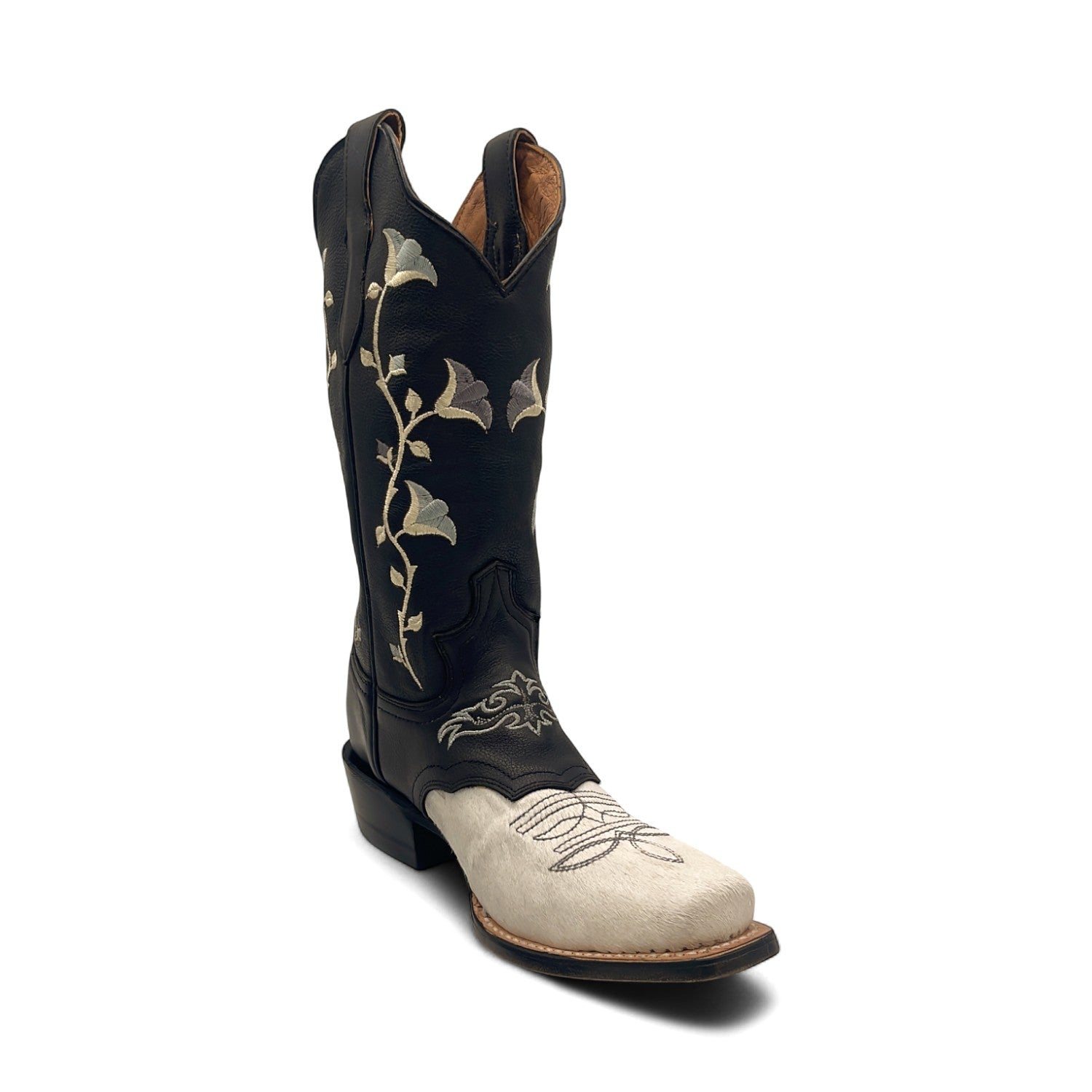 Women’s Embroidered Square Toe Calf Hair Boots Mid-Calf Low Heel