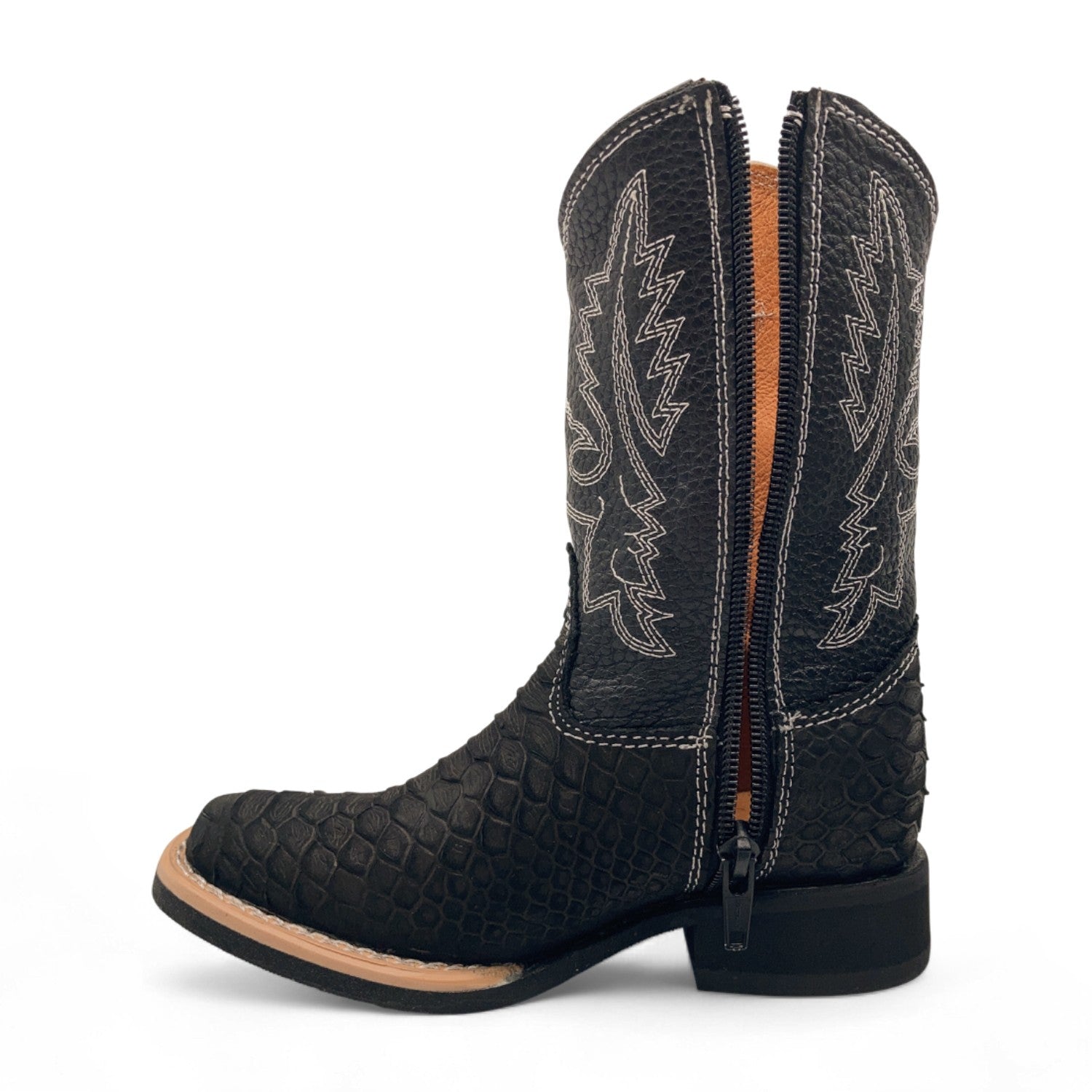 Kids Python Print Leather Cowboy Boots, Square Toe Side Zipper Boys Western Boot