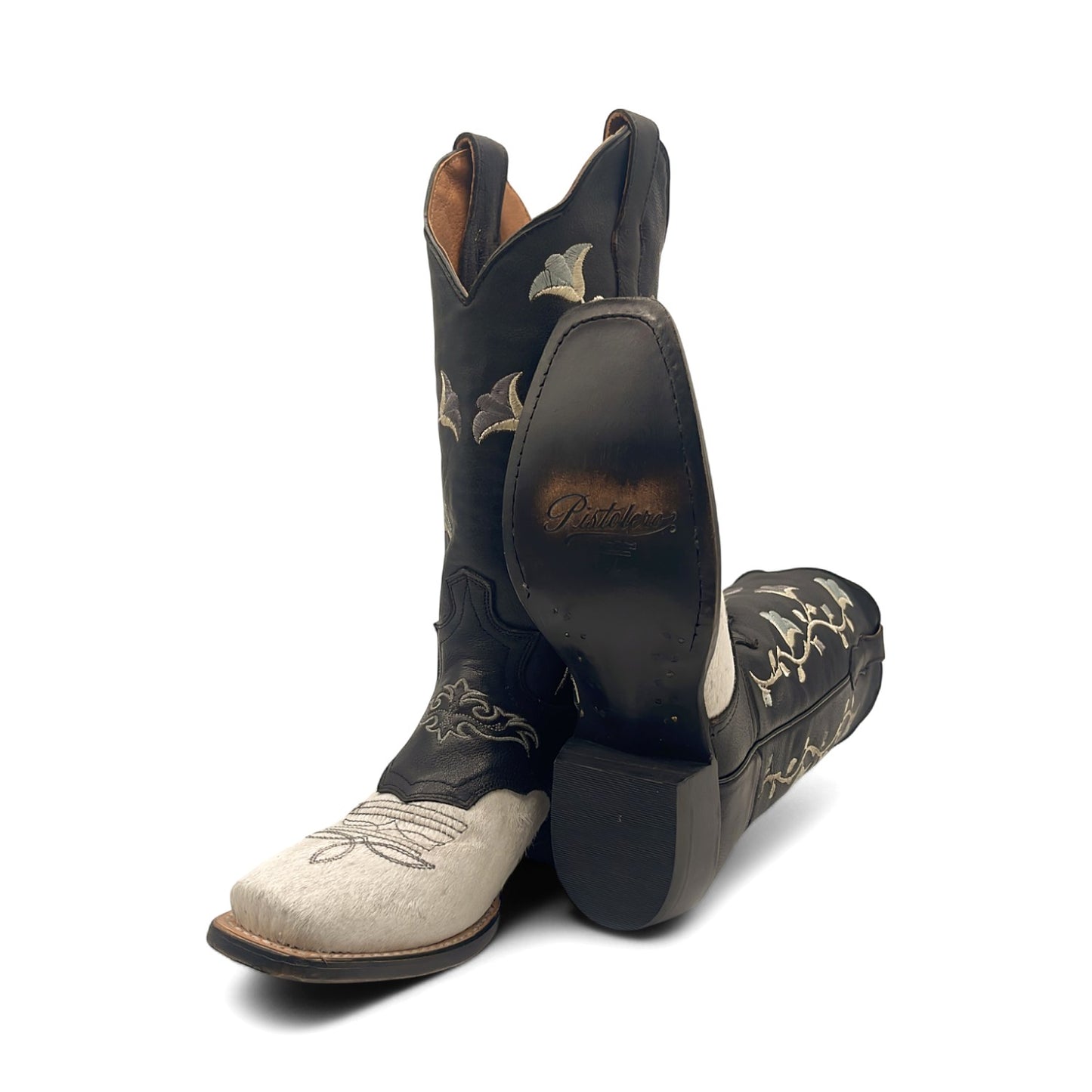 Women’s Embroidered Square Toe Calf Hair Boots Mid-Calf Low Heel