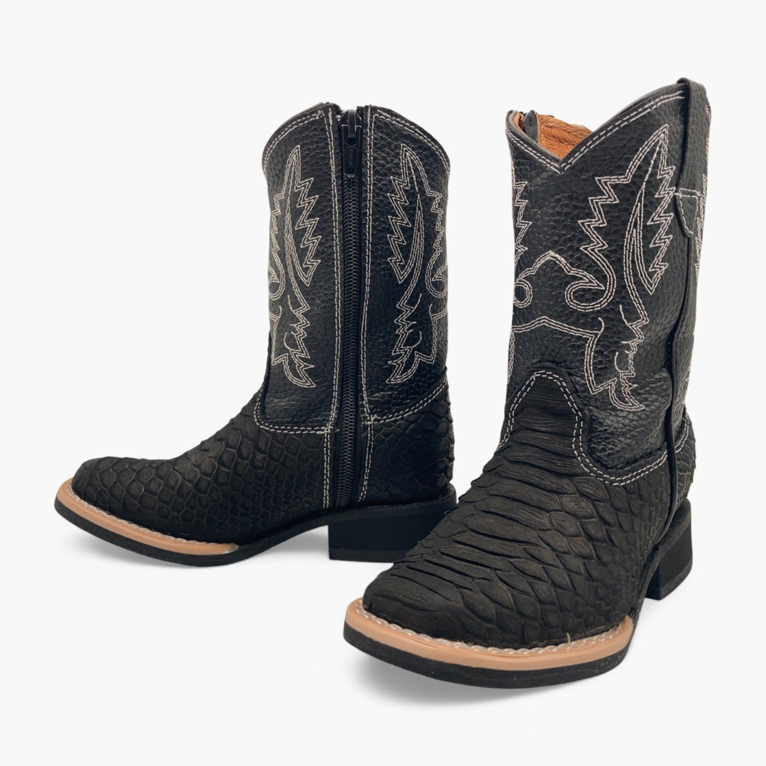 Kids Python Print Leather Cowboy Boots, Square Toe Side Zipper Boys Western Boot