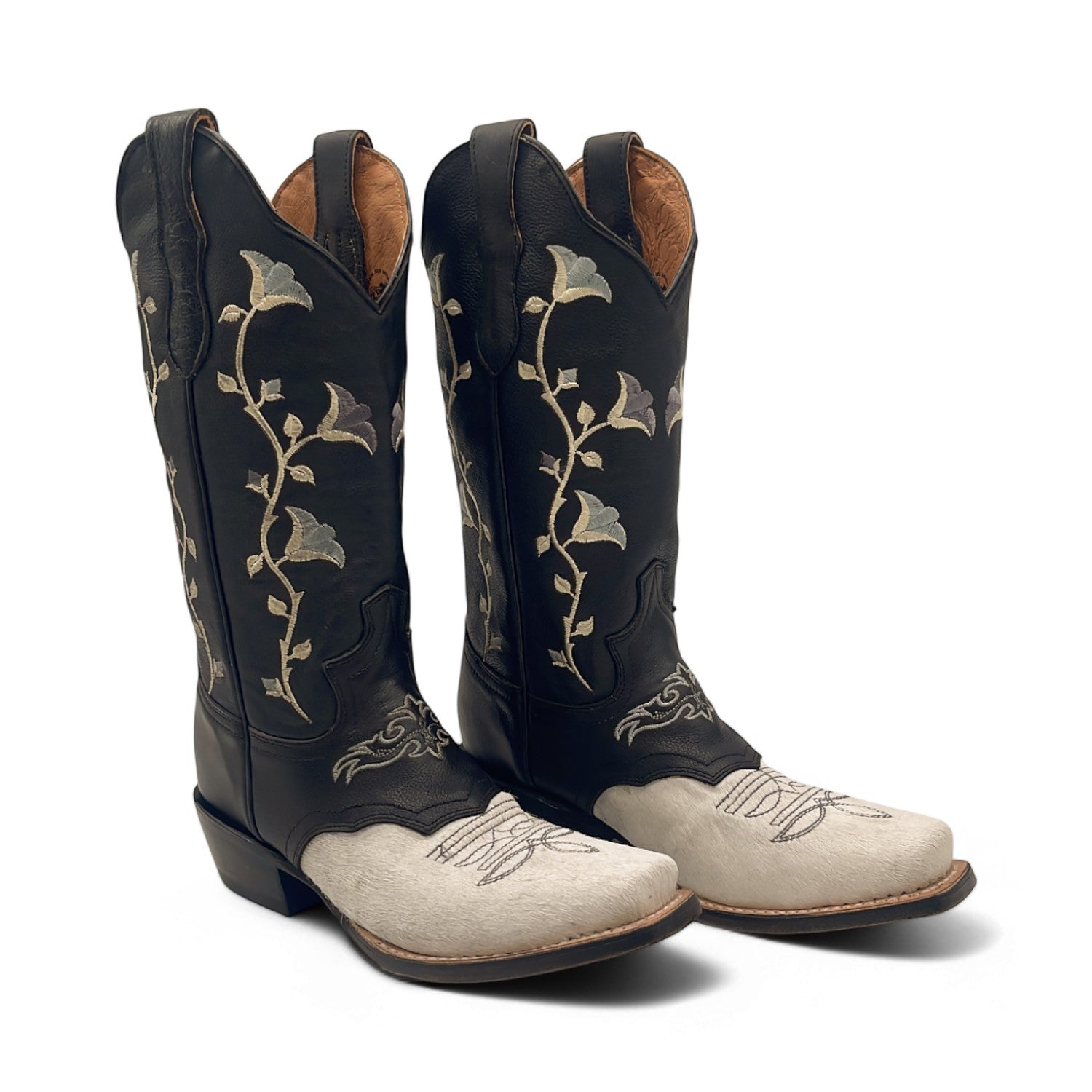 Women’s Embroidered Square Toe Calf Hair Boots Mid-Calf Low Heel