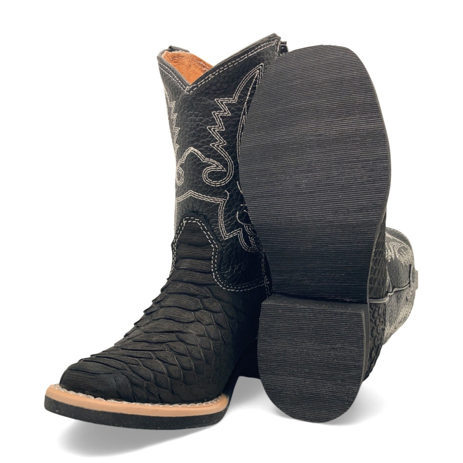 Kids Python Print Leather Cowboy Boots, Square Toe Side Zipper Boys Western Boot