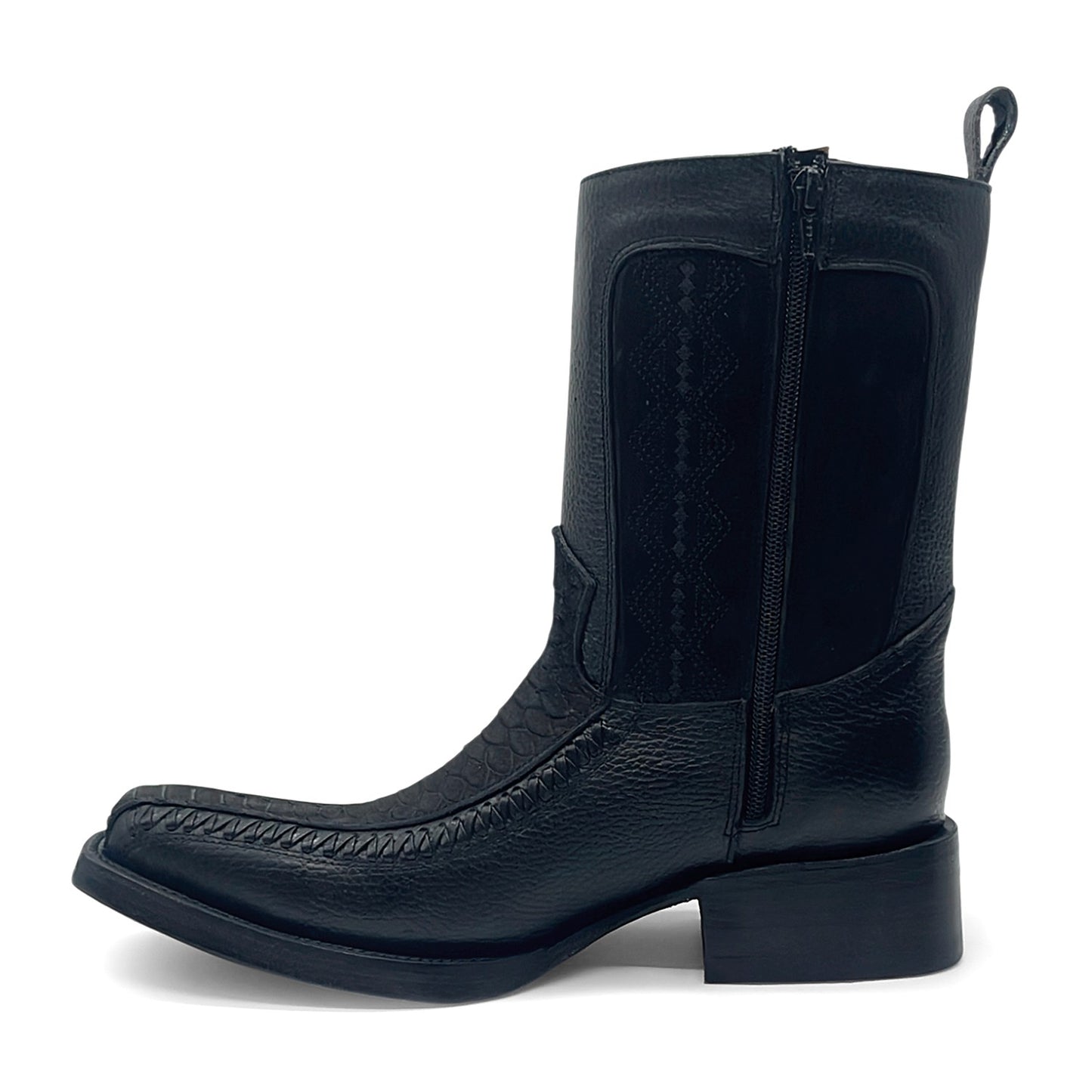 Men’s Leather Western Boot With Embossed Python Print Zipper Closure