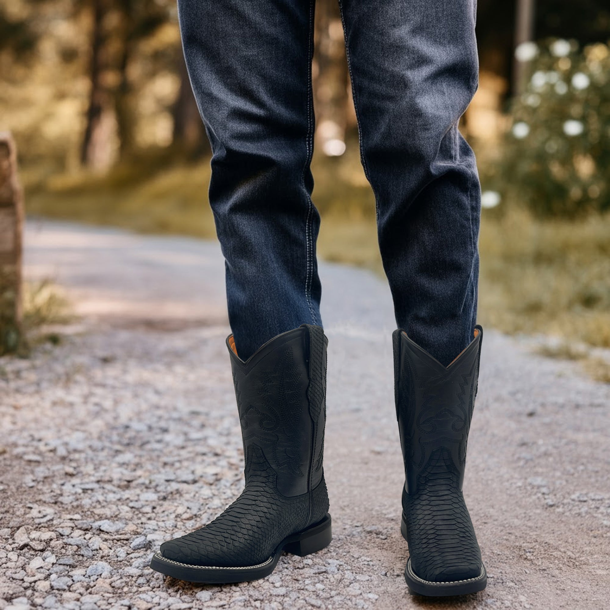Men’s Leather Western Cowboy Boot With Embossed Python Print