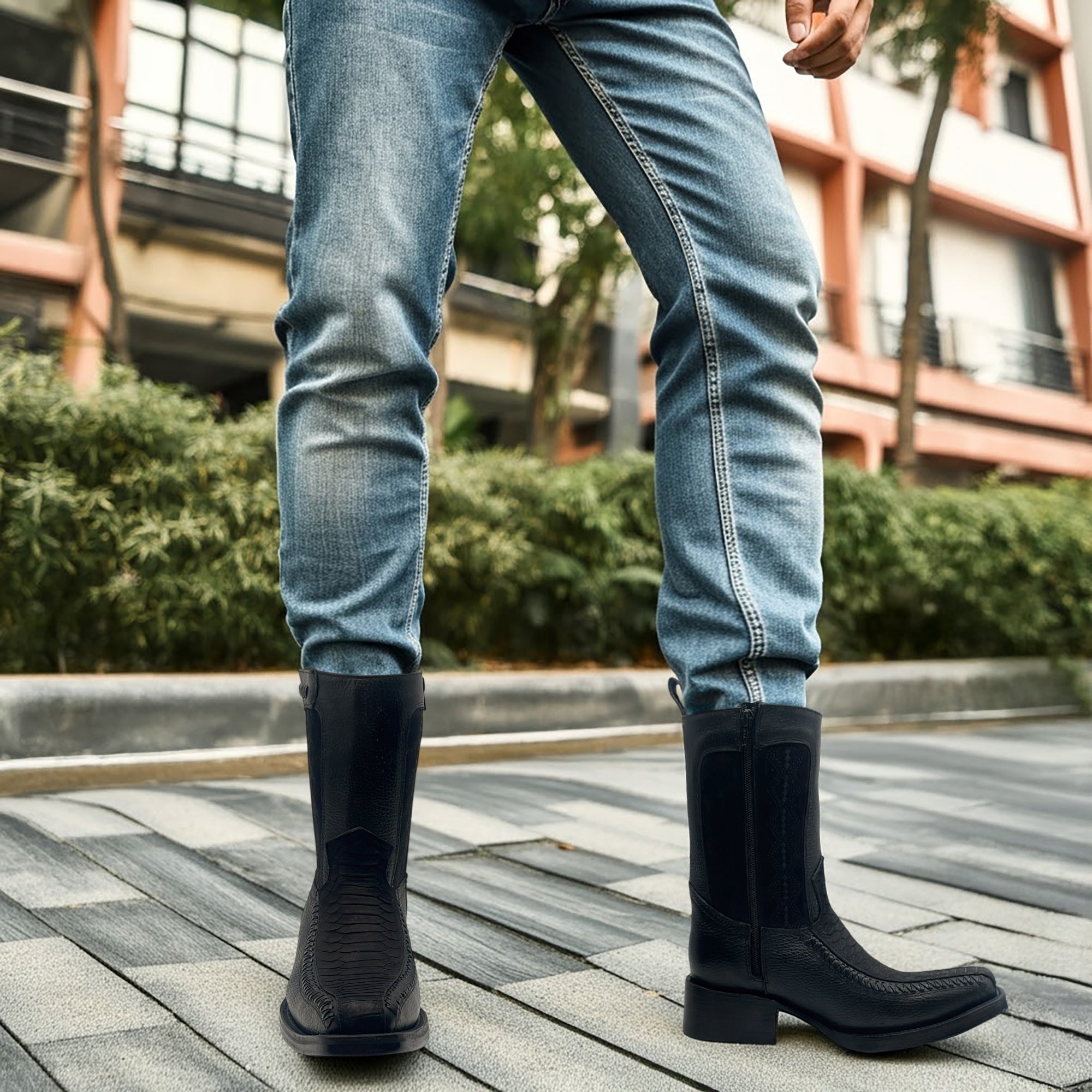 Men’s Leather Western Boot With Embossed Python Print Zipper Closure