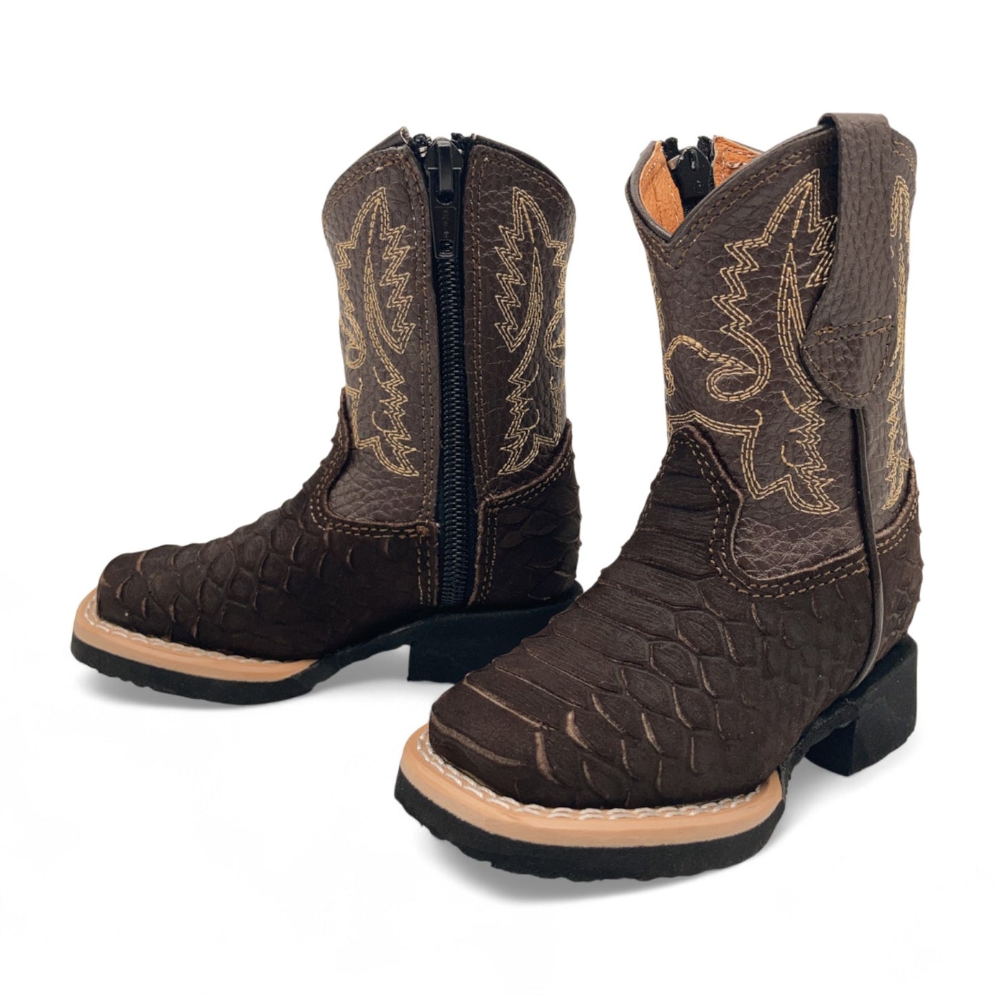 Infant Kids Python Print Leather Cowboy Boots, Square Toe Side Zipper Baby Western Boots