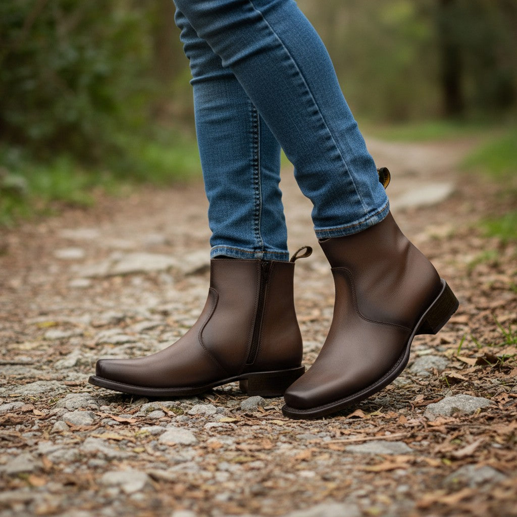 Men’s Leather Ankle Western Boot Side Zipper Square Toe