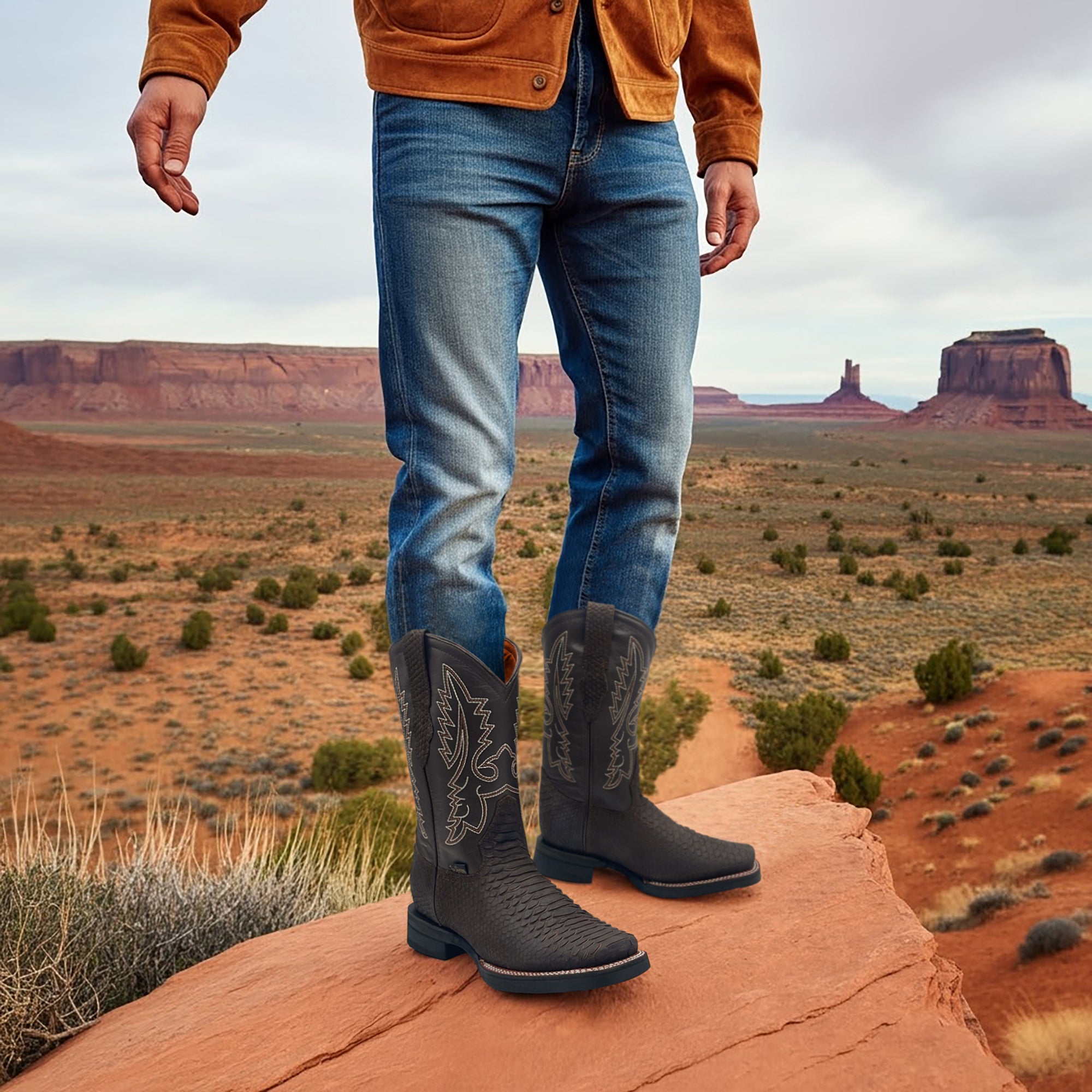 Men’s Leather Western Cowboy Boot With Embossed Python Print