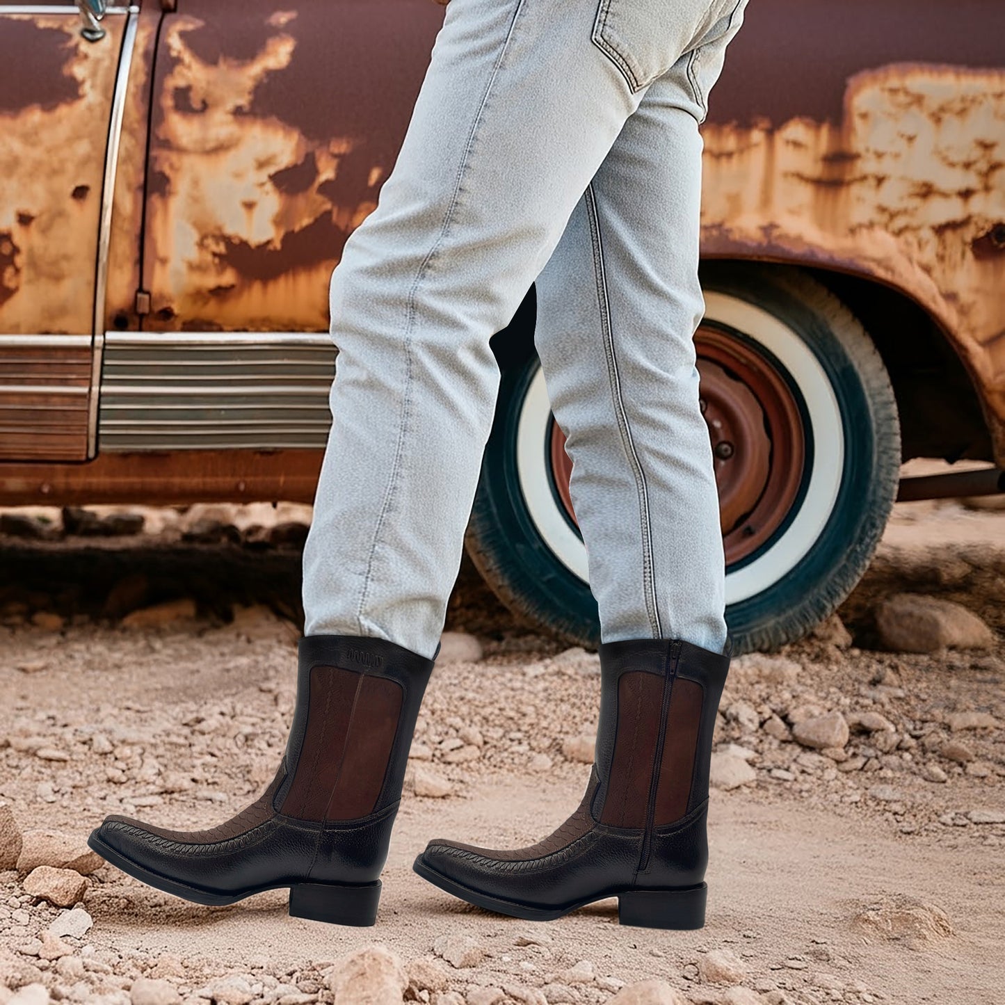 Men’s Leather Western Boot With Embossed Python Print Zipper Closure