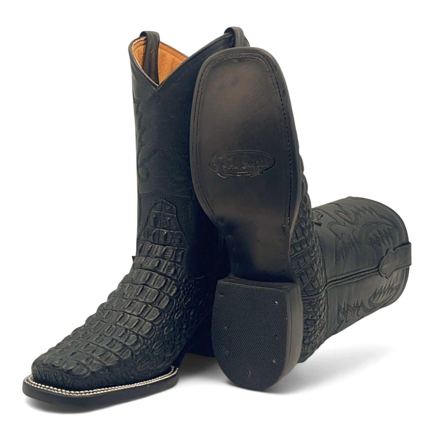Men’s Leather Square Toe Western Boot With Embossed Crocodile Print