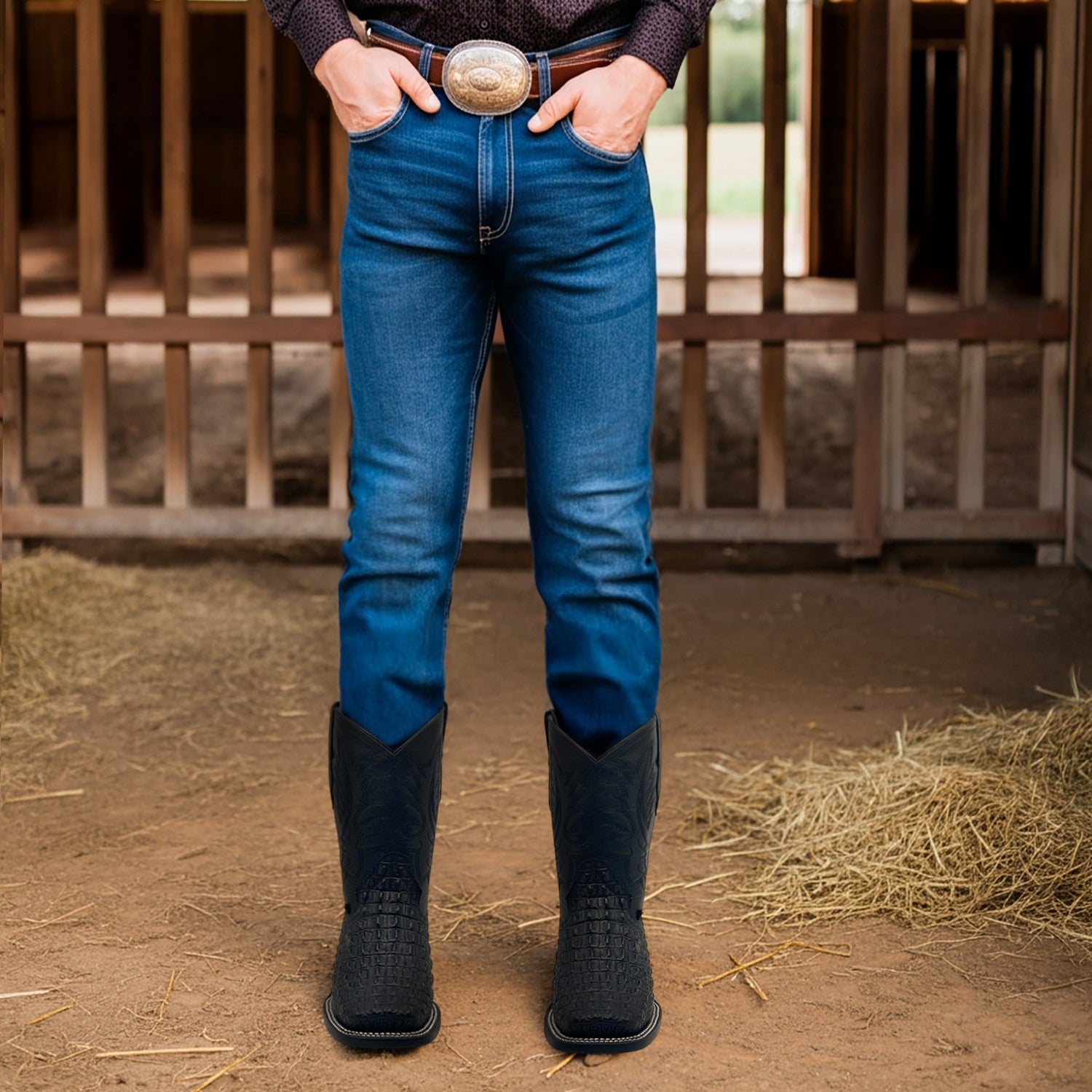 Men’s Leather Square Toe Western Boot With Embossed Crocodile Print