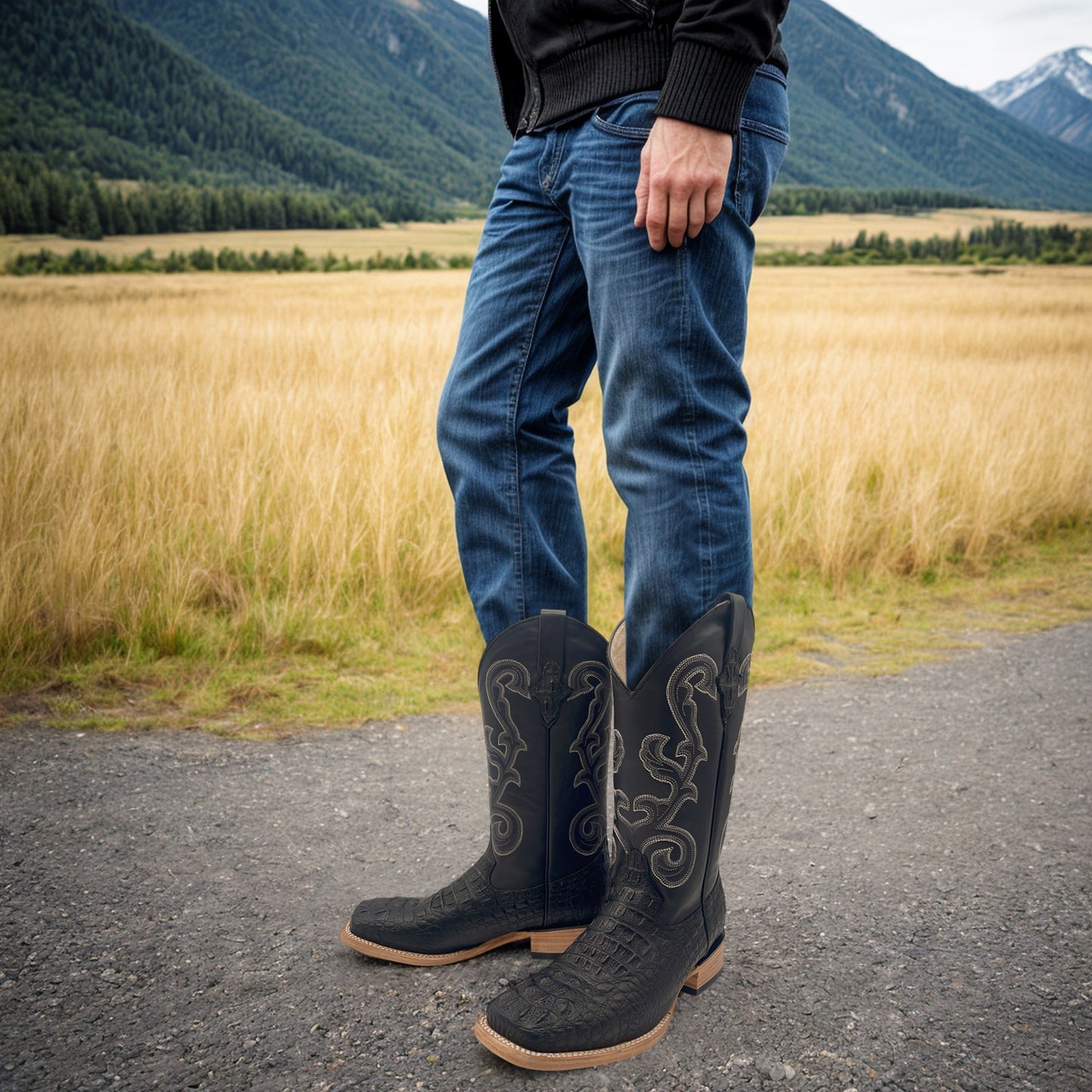 Men’s Leather Cowboy Boot Square Toe Embossed Alligator Crocodile Print