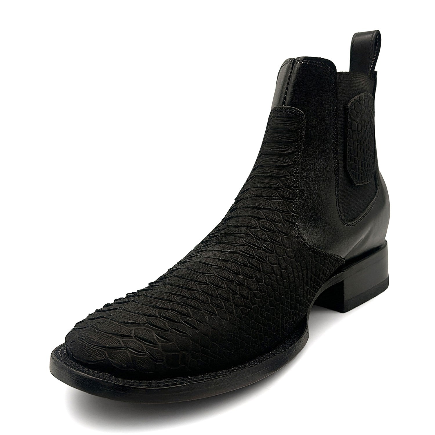 Men’s Genuine Leather Broad Square Toe Embossed Python Snake Print Ankle Botin Cowboy Boot