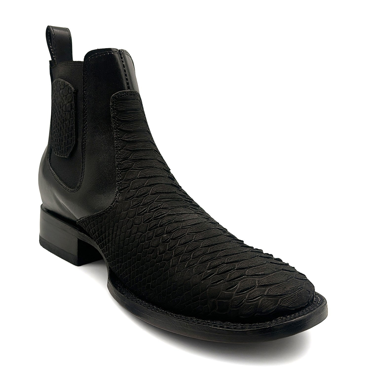 Men’s Genuine Leather Broad Square Toe Embossed Python Snake Print Ankle Botin Cowboy Boot