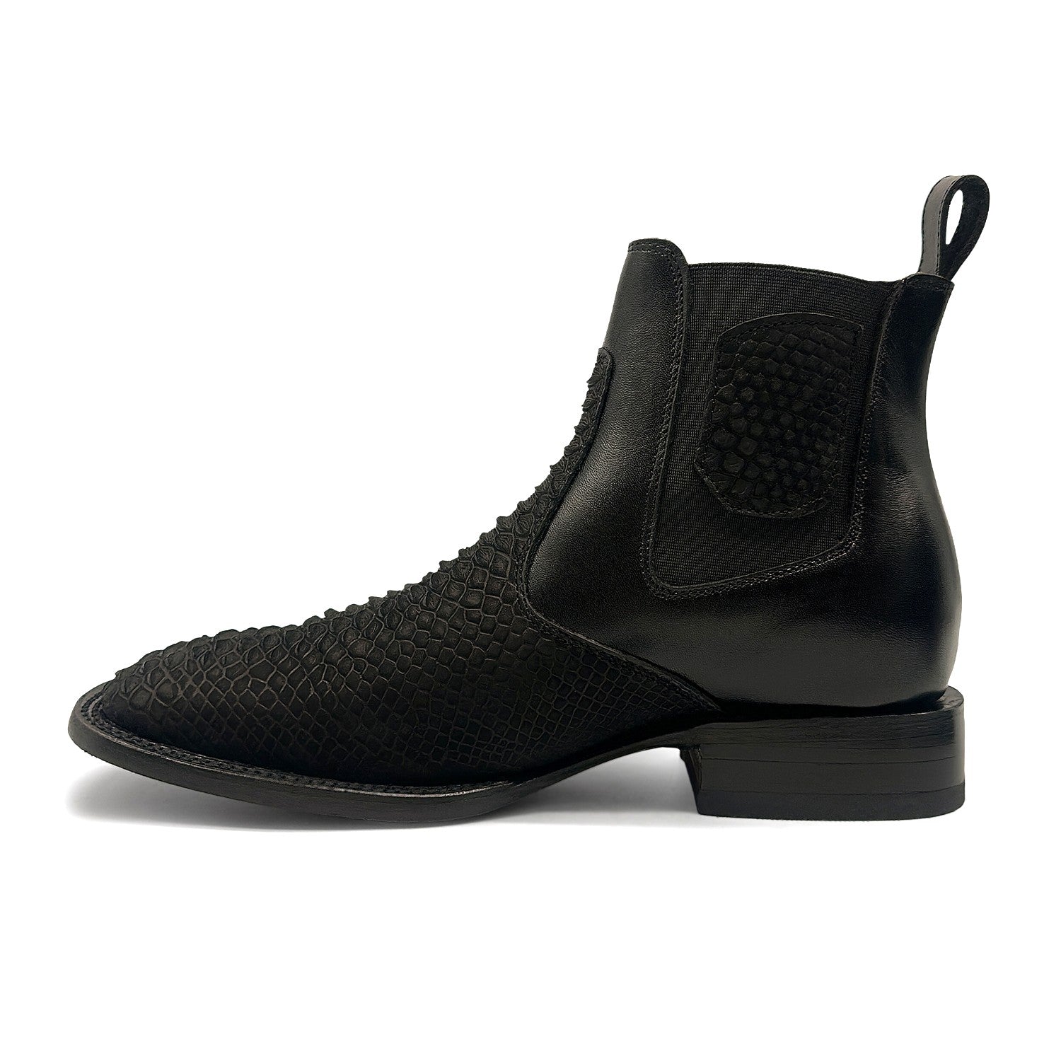Men’s Genuine Leather Broad Square Toe Embossed Python Snake Print Ankle Botin Cowboy Boot