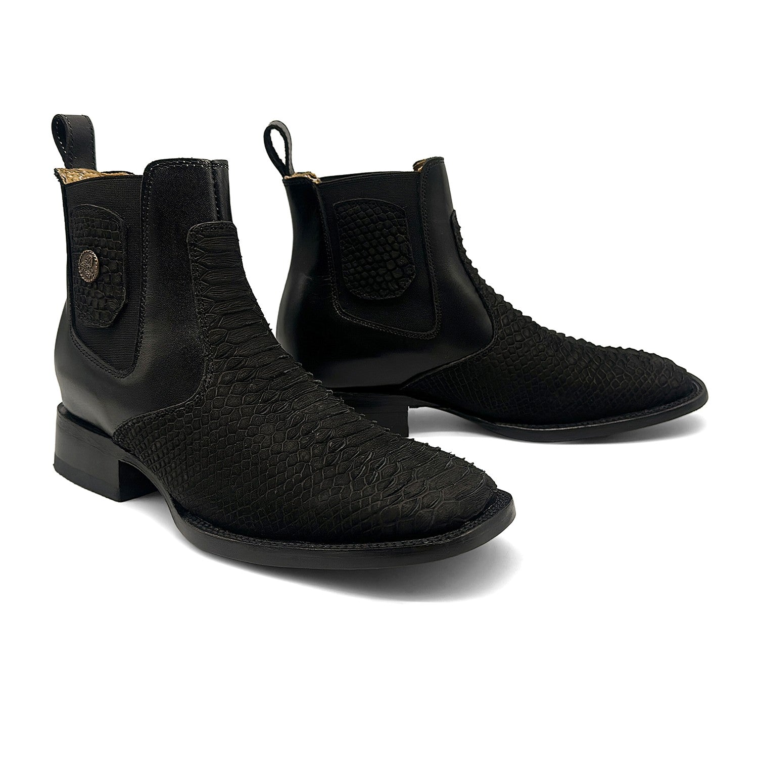 Men’s Genuine Leather Broad Square Toe Embossed Python Snake Print Ankle Botin Cowboy Boot