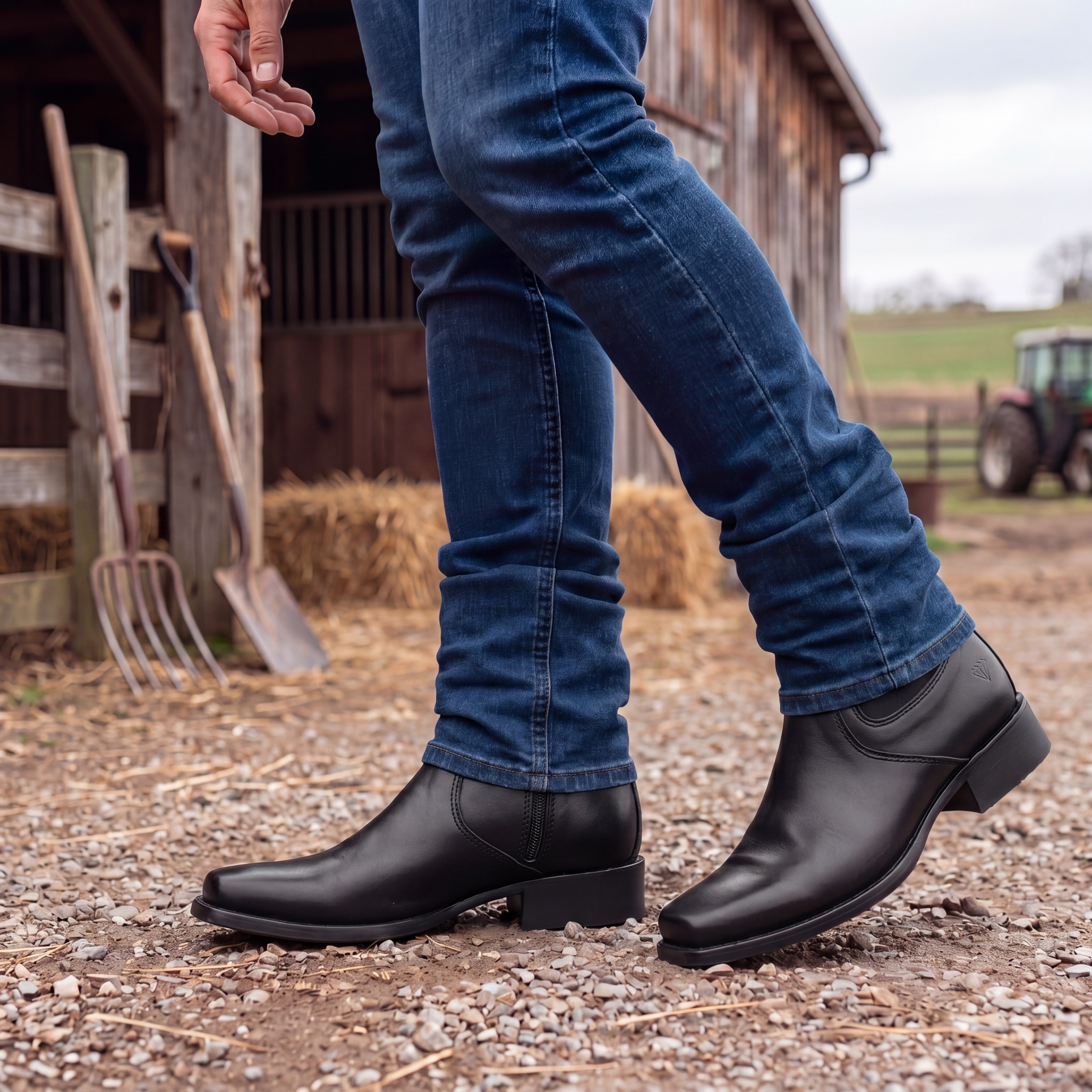 Men's Genuine Leather Ankle High Western Boot Side Zipper Square Toe Dress Cowboy Boot
