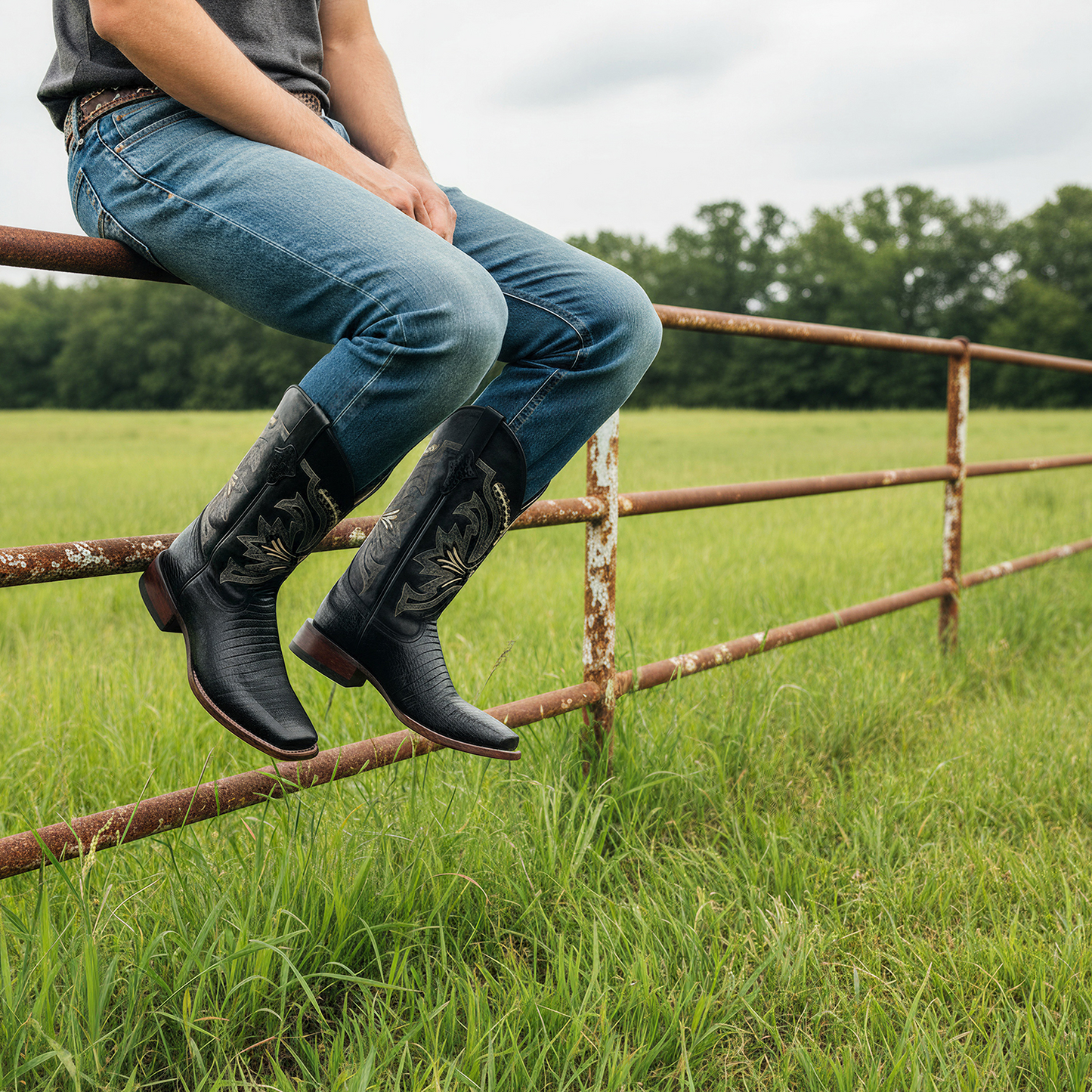 Men’s Leather Lizard Print Western Cowboy Boots Square Toe