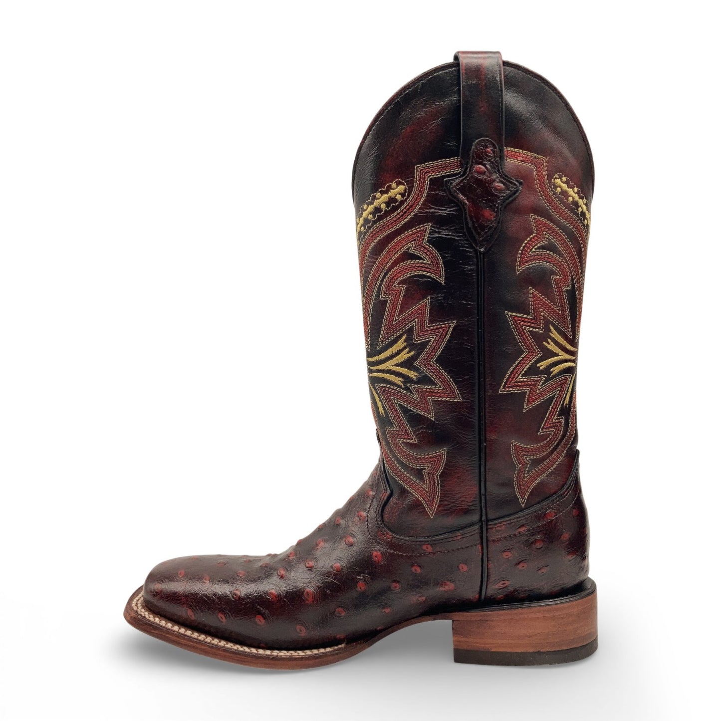 Men’s Leather Cowboy Boot Square Toe Embossed Ostrich Print Western Boot