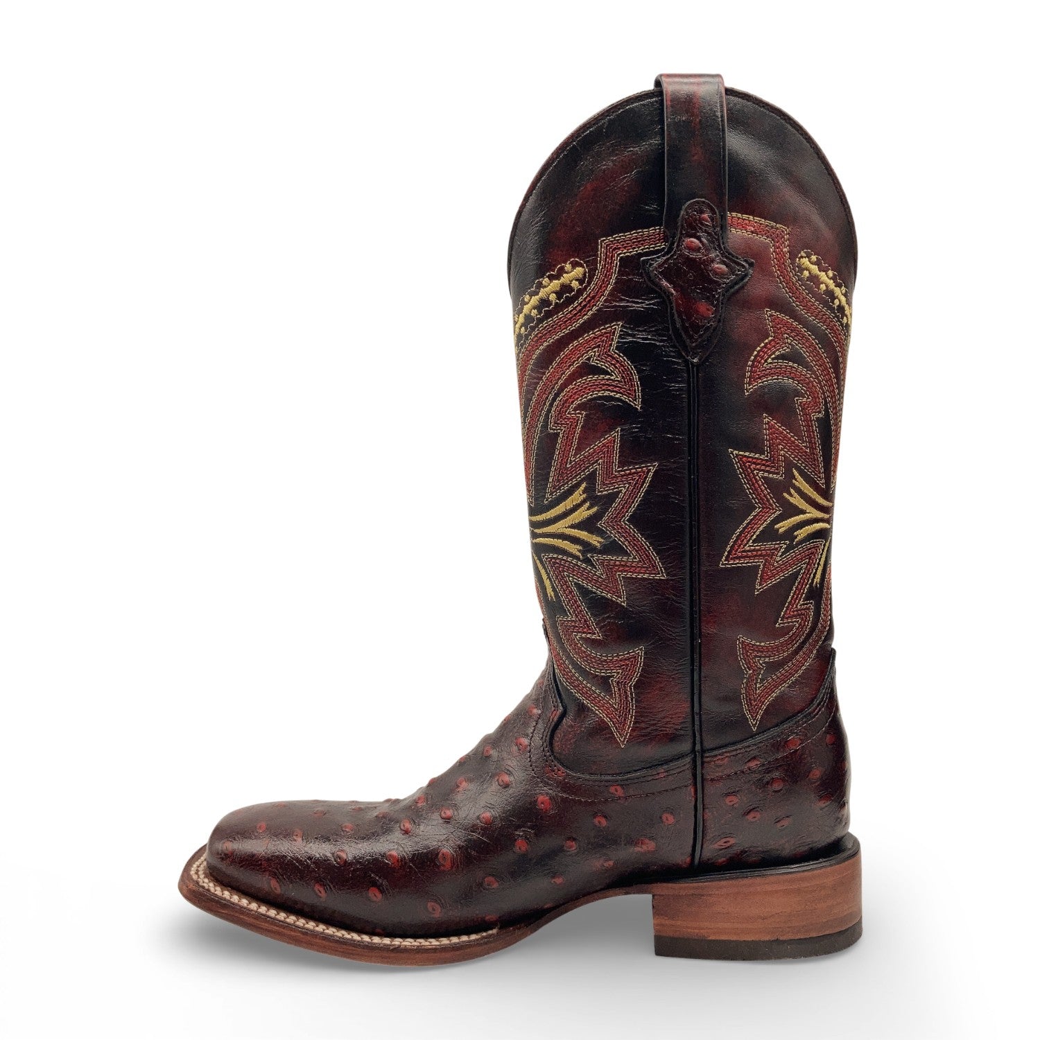 Men’s Leather Cowboy Boot Square Toe Embossed Ostrich Print Western Boot