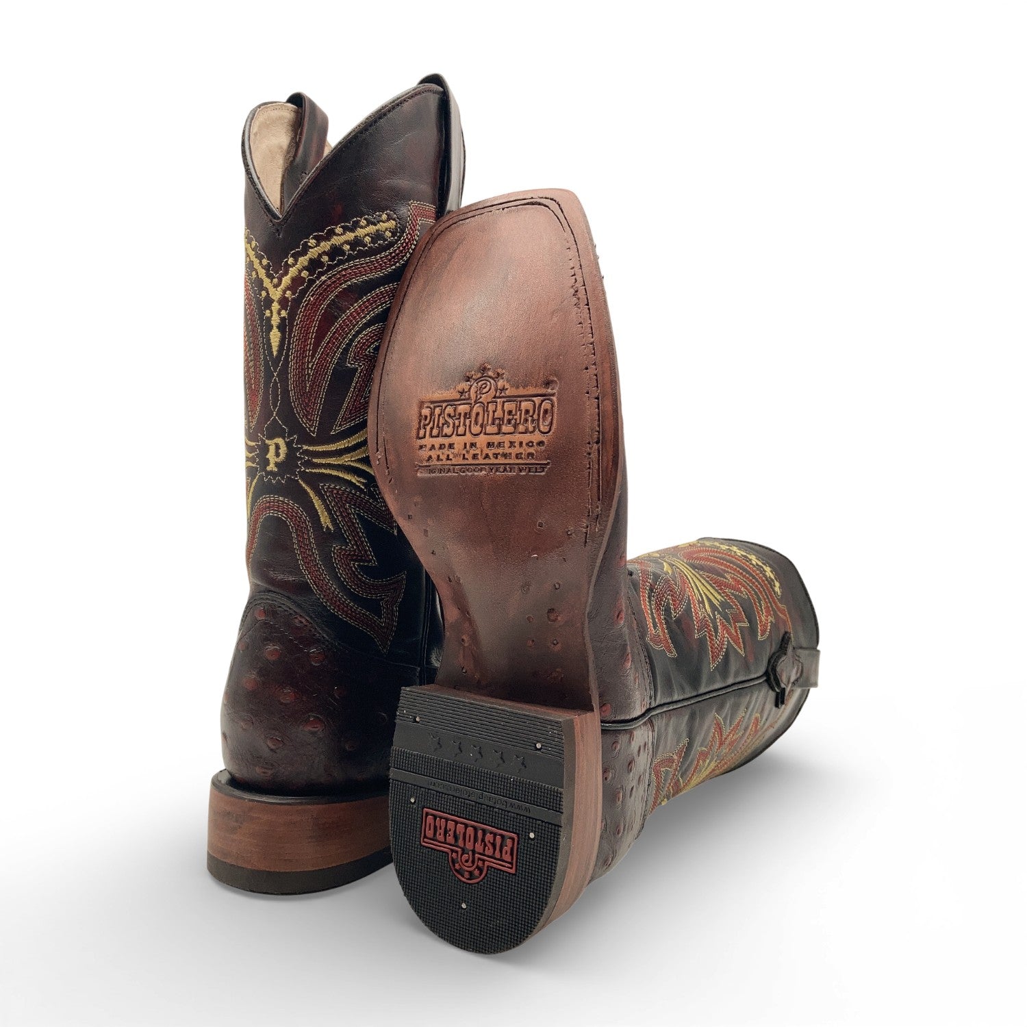 Men’s Leather Cowboy Boot Square Toe Embossed Ostrich Print Western Boot