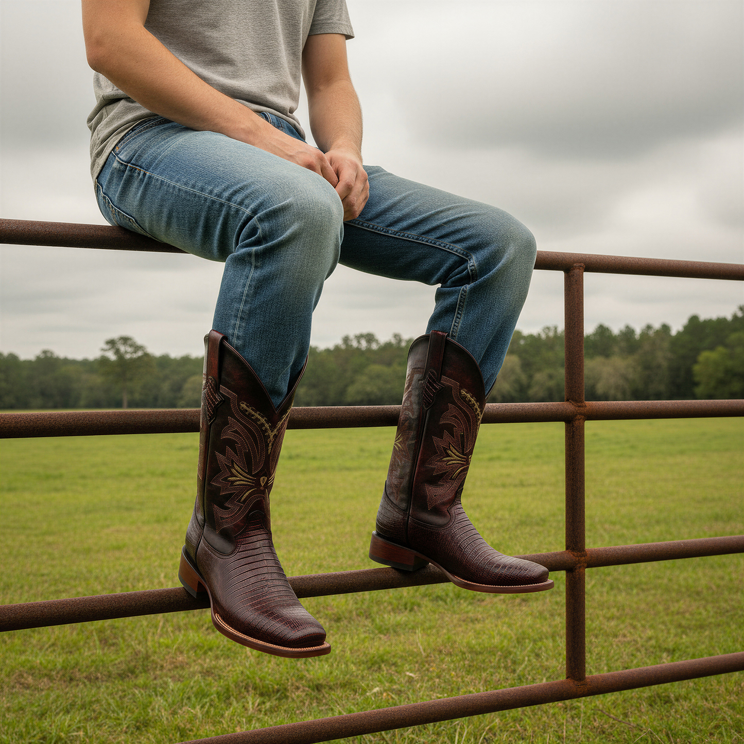 Men’s Leather Lizard Print Western Cowboy Boots Square Toe
