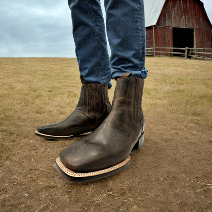 Men's Leather Cowboy Western Boot Ankle Square Toe Chelsea Boots